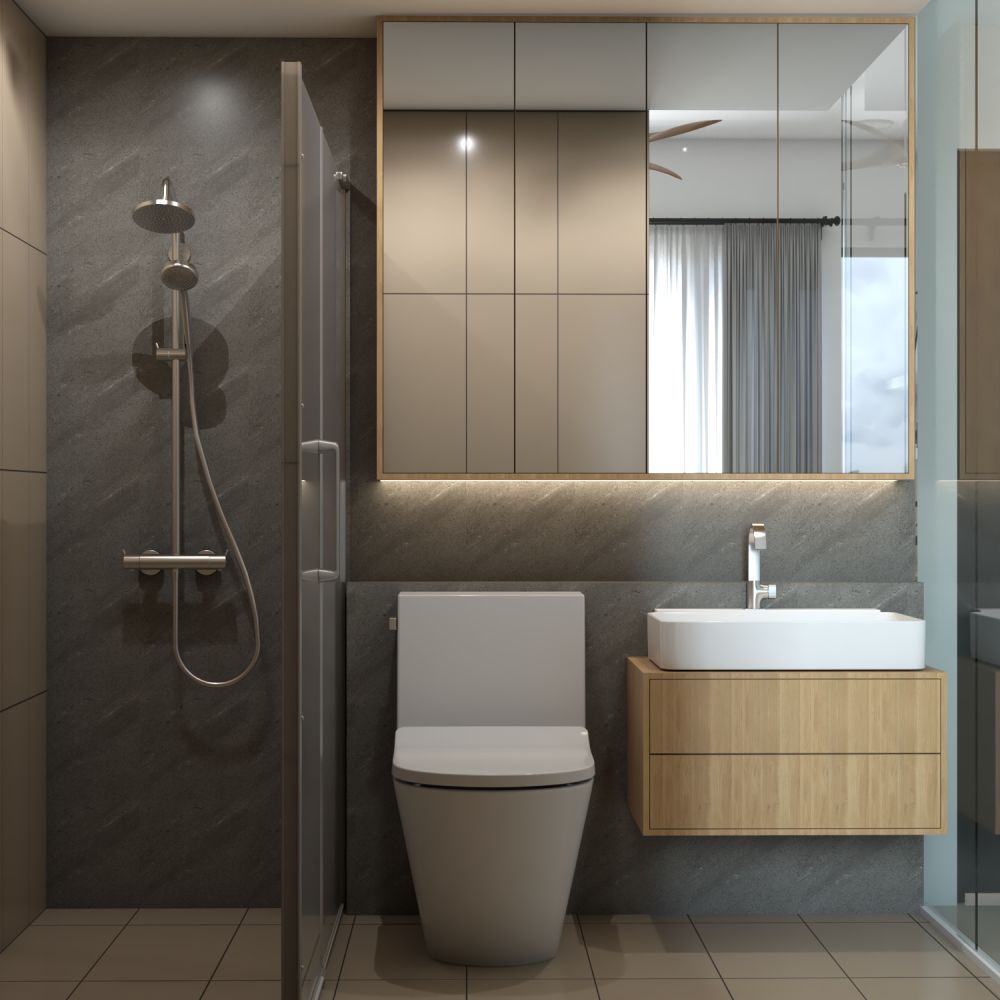 Beige & Grey Bathroom Contemporary Bathroom With Suede Vanity | Livspace