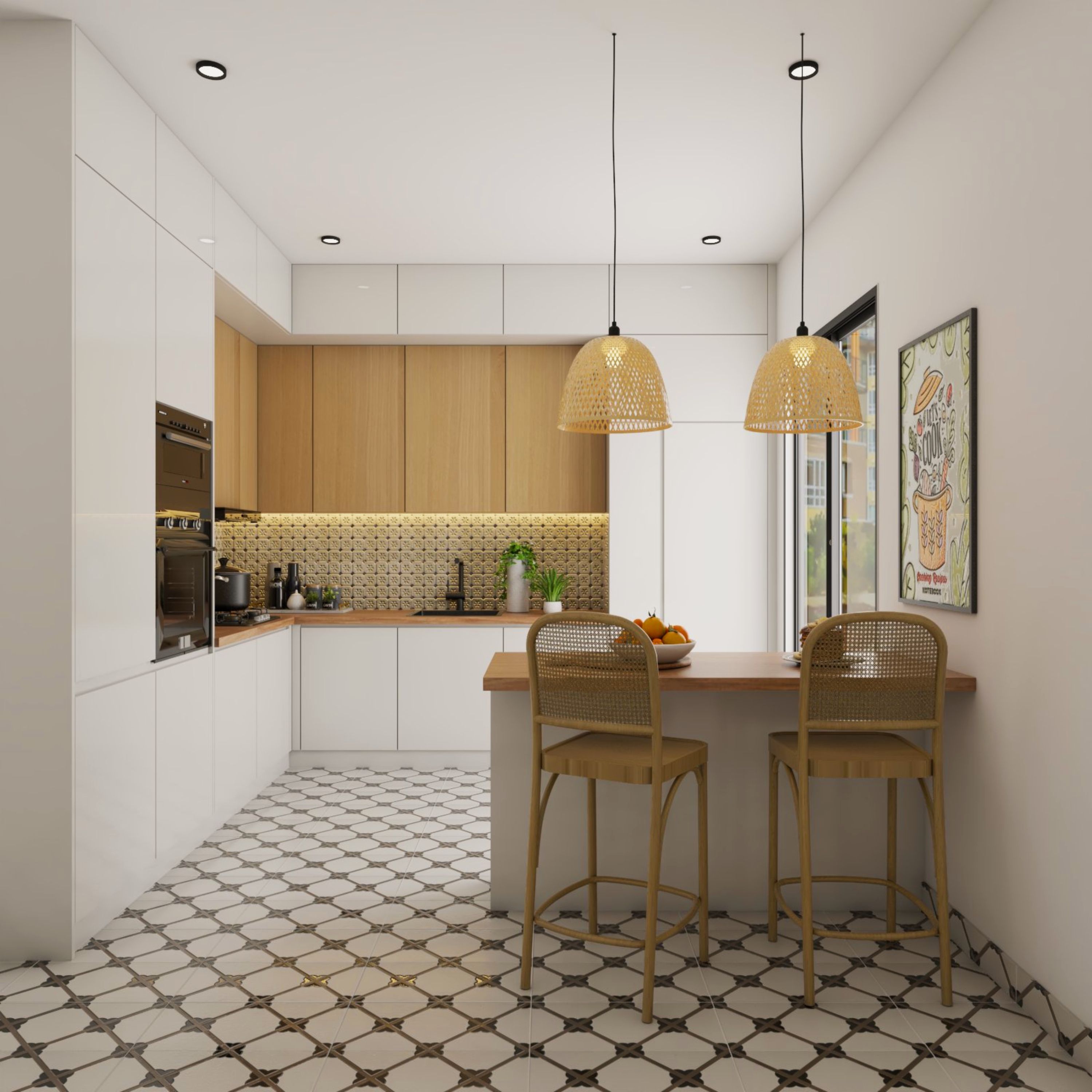 LShaped White And Wood Modular Kitchen Design With BlackWhite