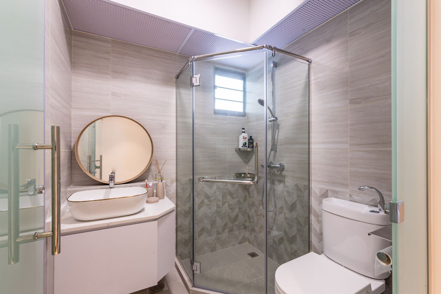 Compact Beige Small Bathroom Design With Geometric Cubicle Livspace