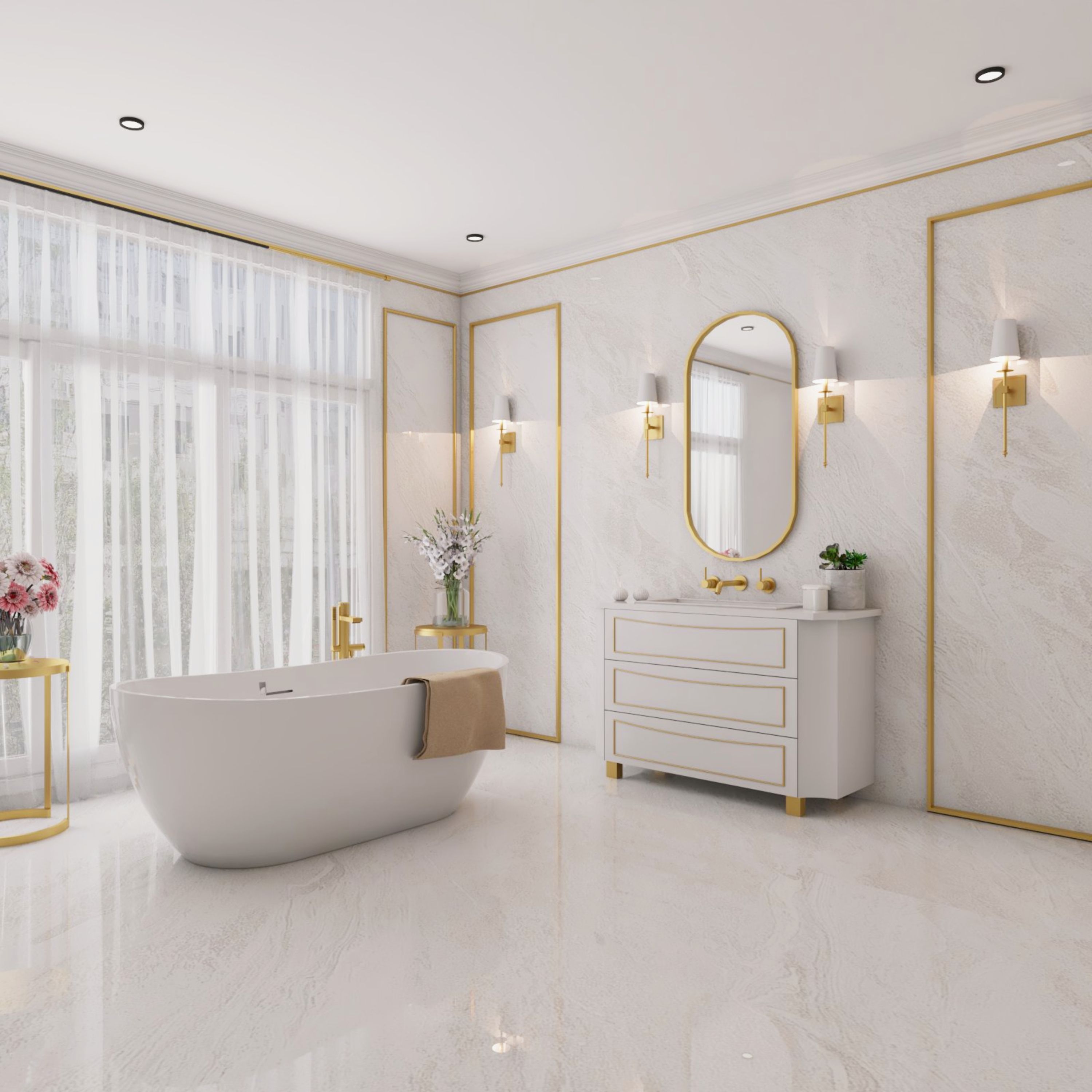 Traditional White Bathroom Design with Floor-Mounted Vanity Unit and Freestanding Bathtub