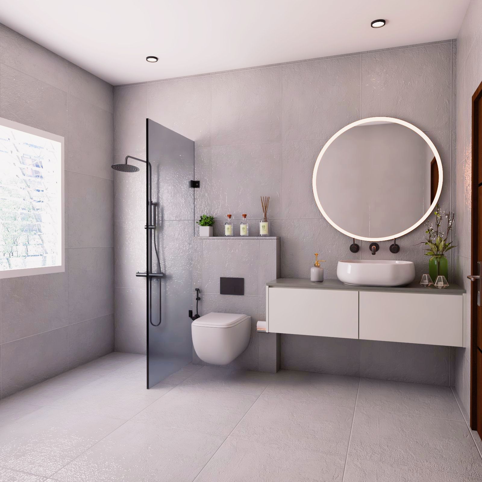 Grey Contemporary Bathroom Design With Round Mirror And Glass Partition Livspace 8803