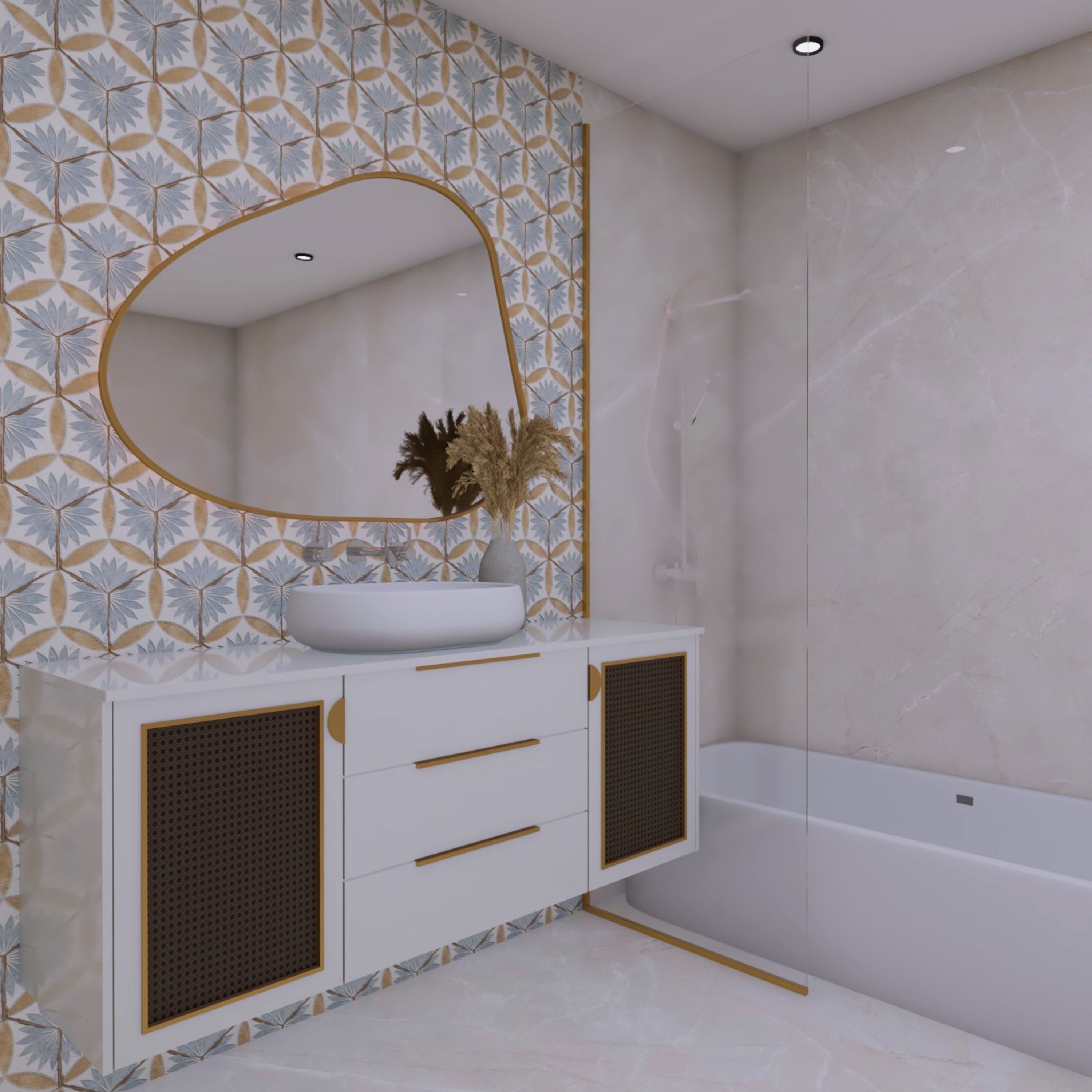 Transitional Bathroom Design With Multicoloured Wall Tiles And Large Wall-Mounted Vanity Unit