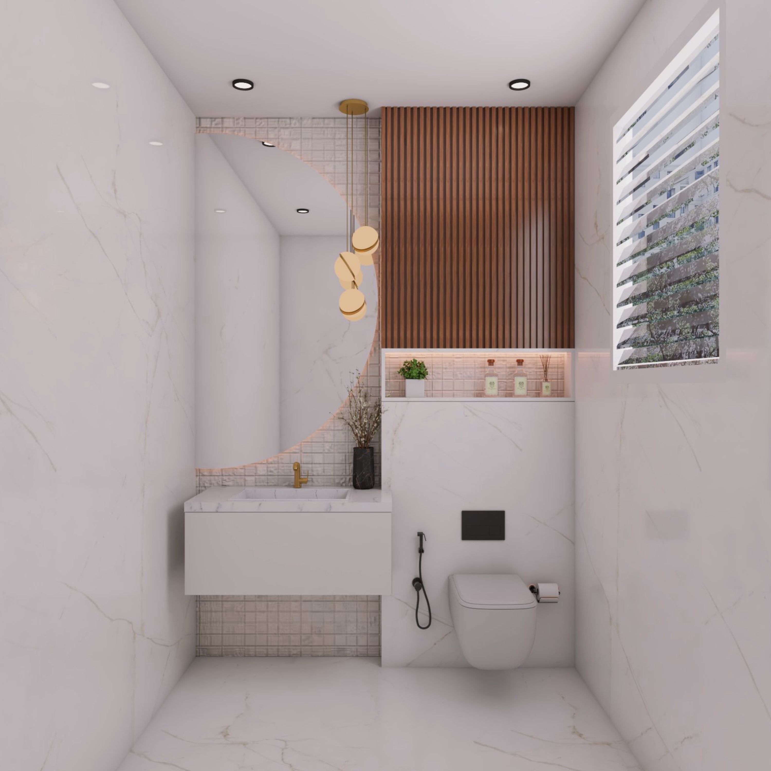 Modern White Small Bathroom Design With Wooden Fluted Wall Panelling
