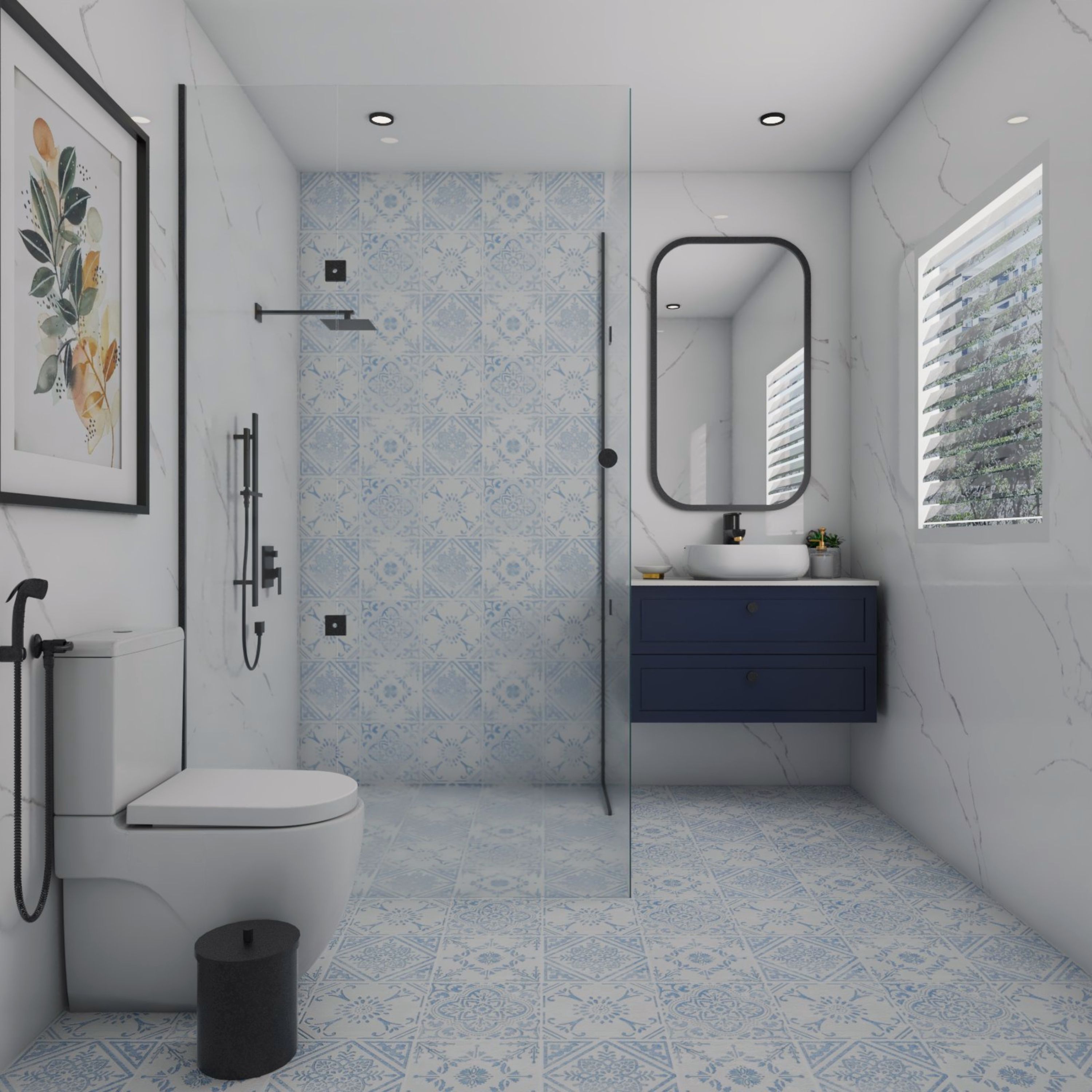 Modern Blue and White Bathroom Design with Wall-Mounted Dark Blue Vanity Unit