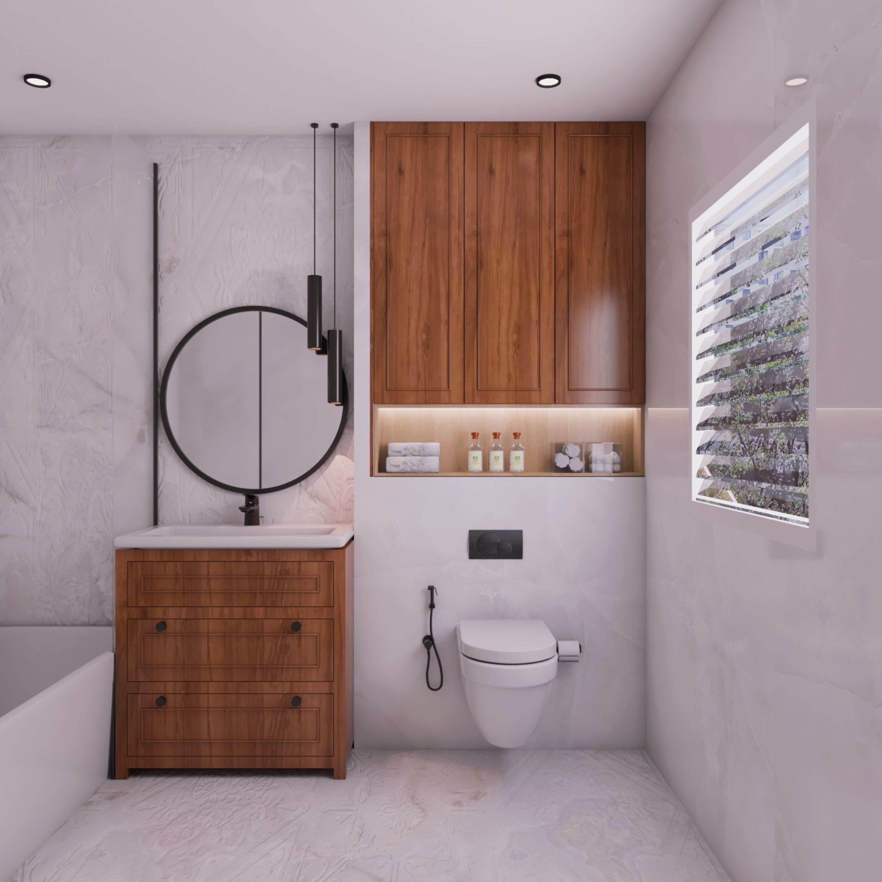 Modern White Bathroom Design with Floor-Mounted Wooden Vanity Unit