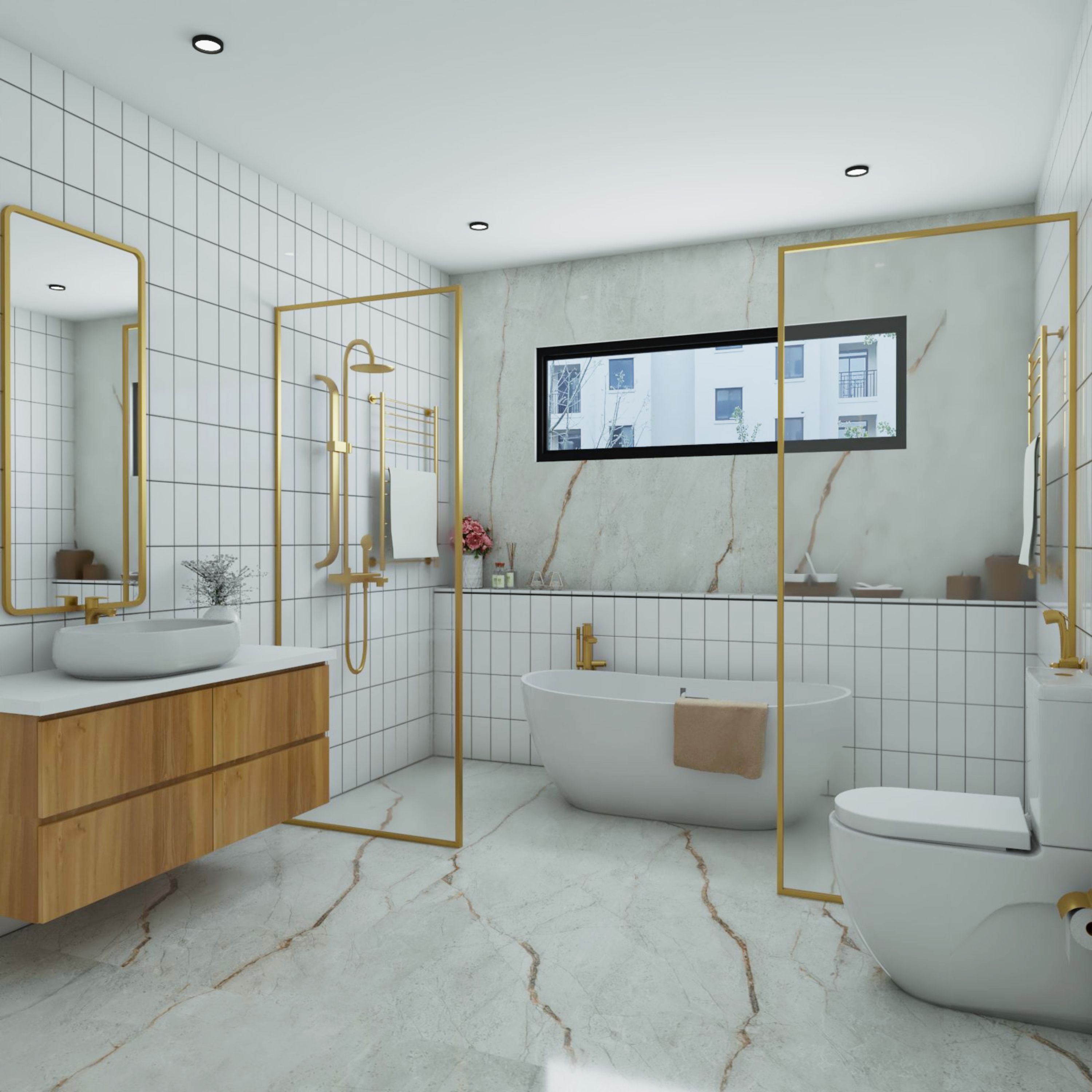Mid-Century Modern Bathroom Design With Wall-Mounted Wooden Vanity Unit And Gold Framed Glass Partition