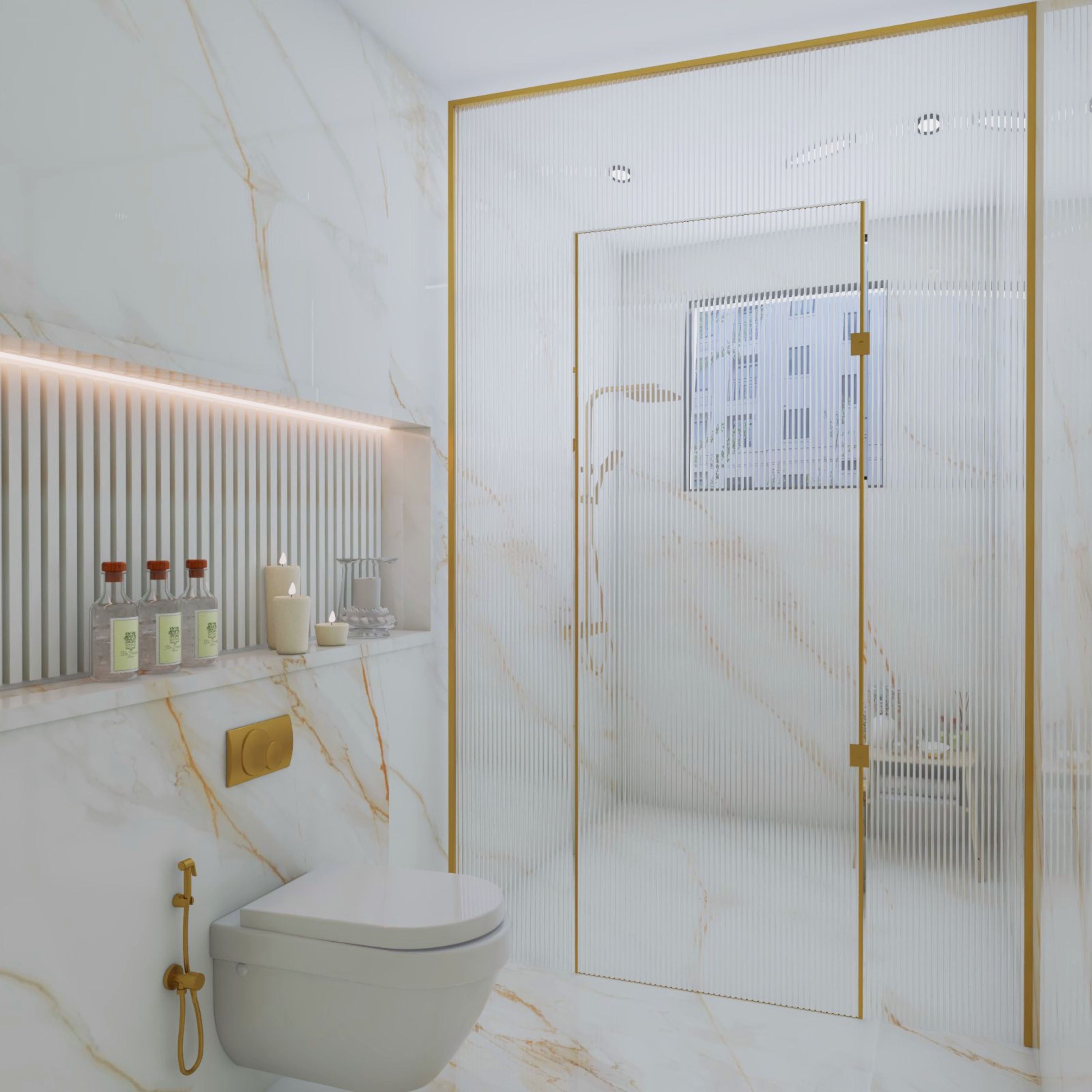 Marble Modern White Bathroom Design with Fluted Wall Panels