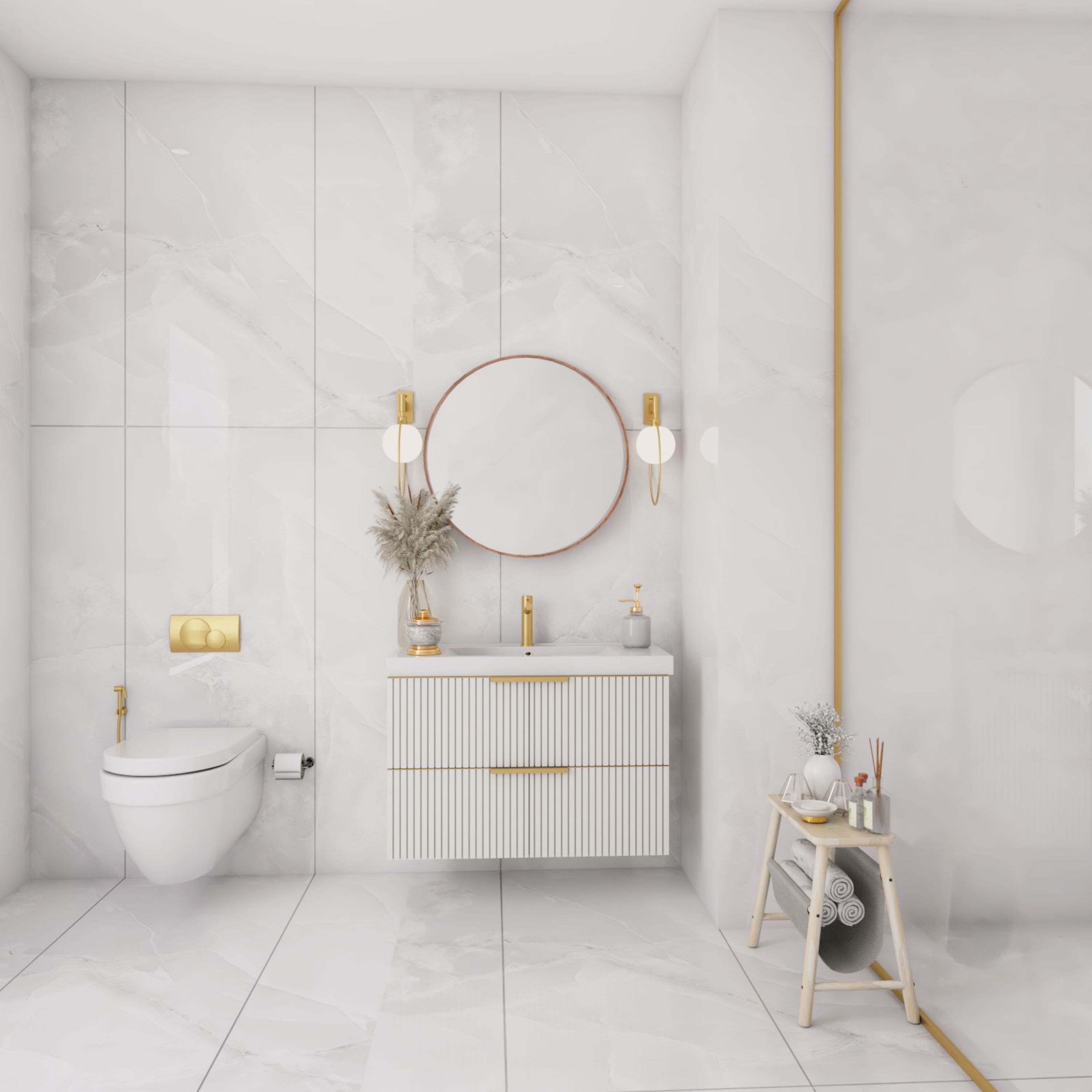 Traditional White Bathroom Design With Floor-To-Ceiling Gold-Framed Glass Partition