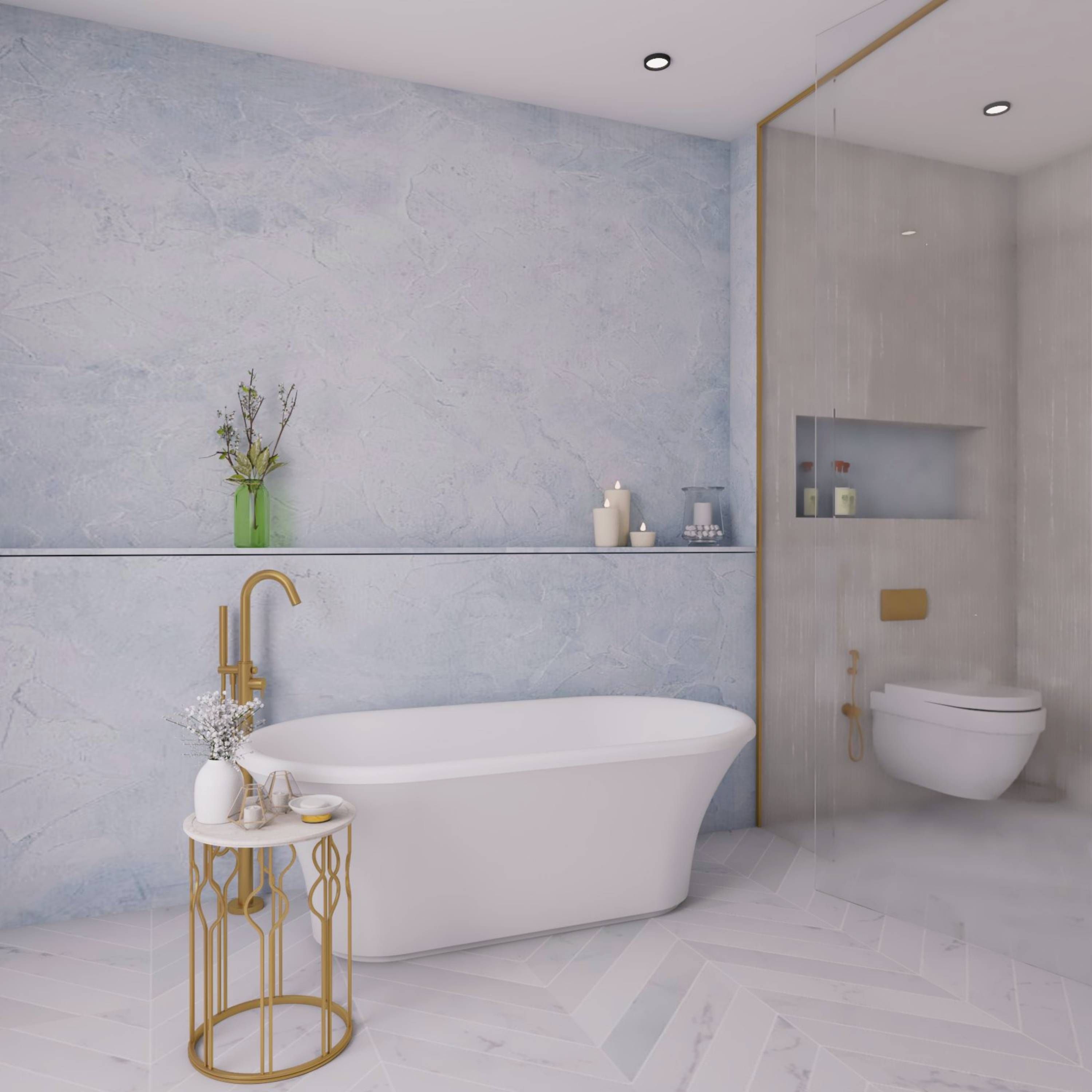 Minimal Beige And Light Blue Bathroom Design With Textured Blue-White Accent Wall Paint
