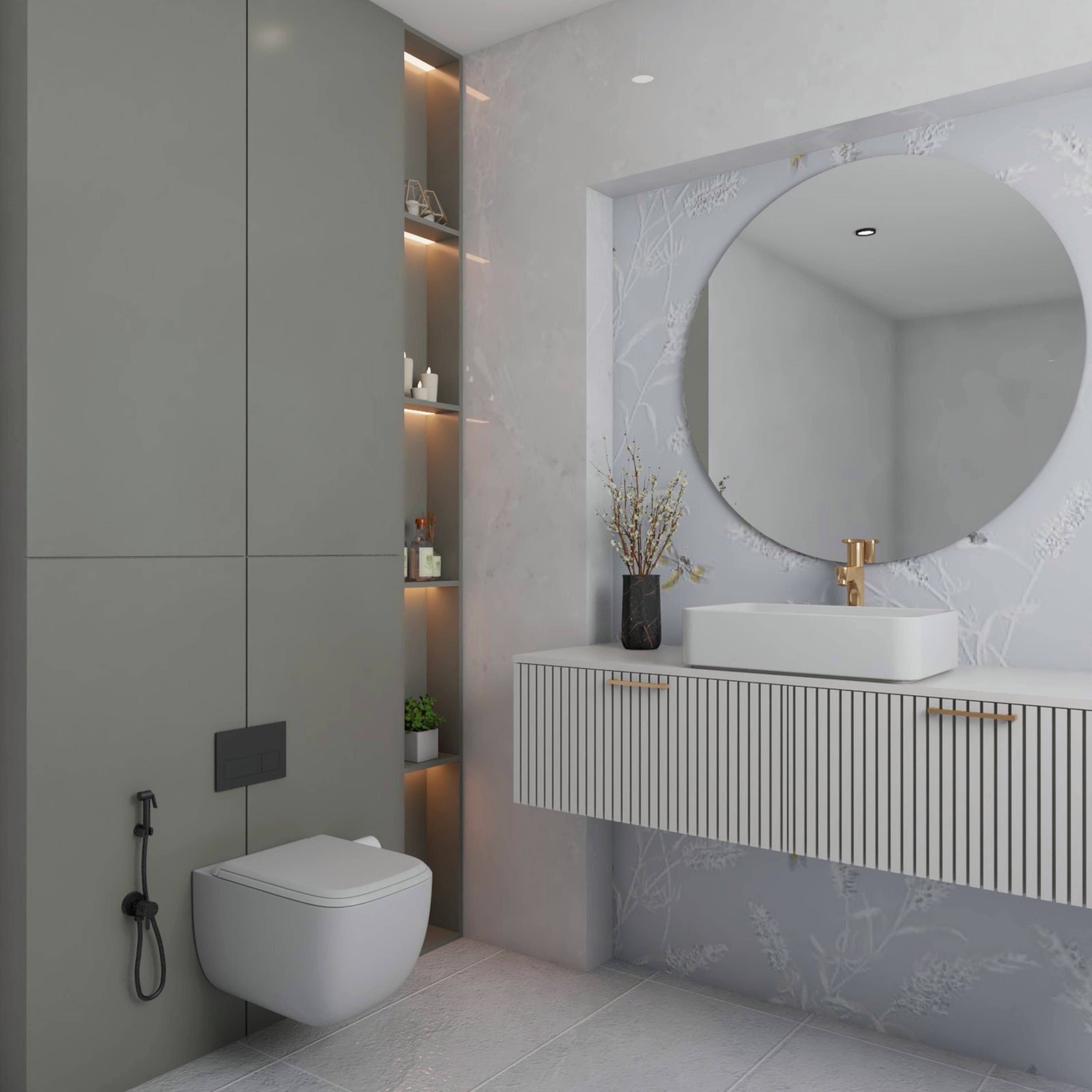 Modern White and Grey Bathroom Design with Wall-Mounted White Panelled Storage Unit