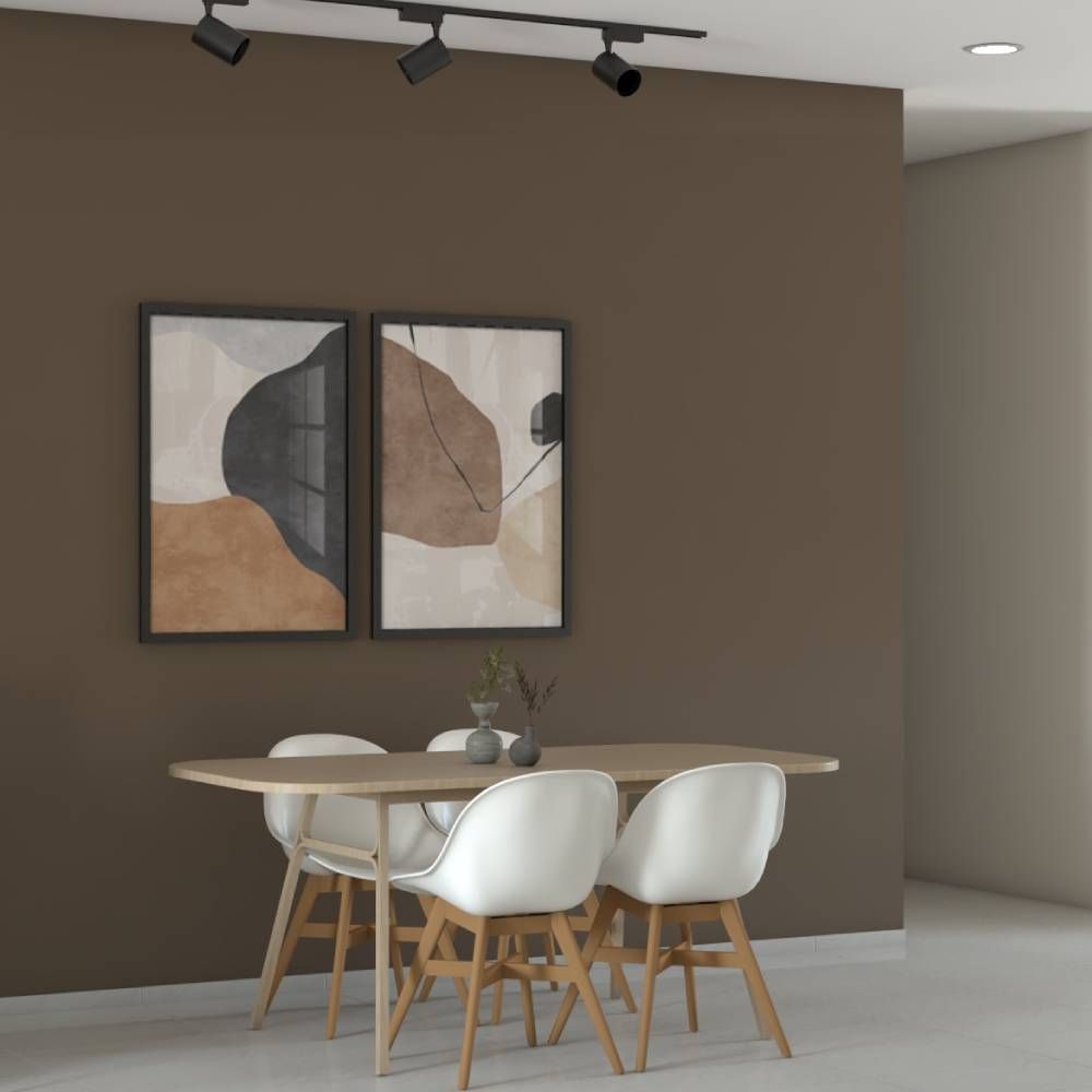 Contemporary 4-Seater Wooden Dining Room Design With White Chairs And Brown Accent Wall