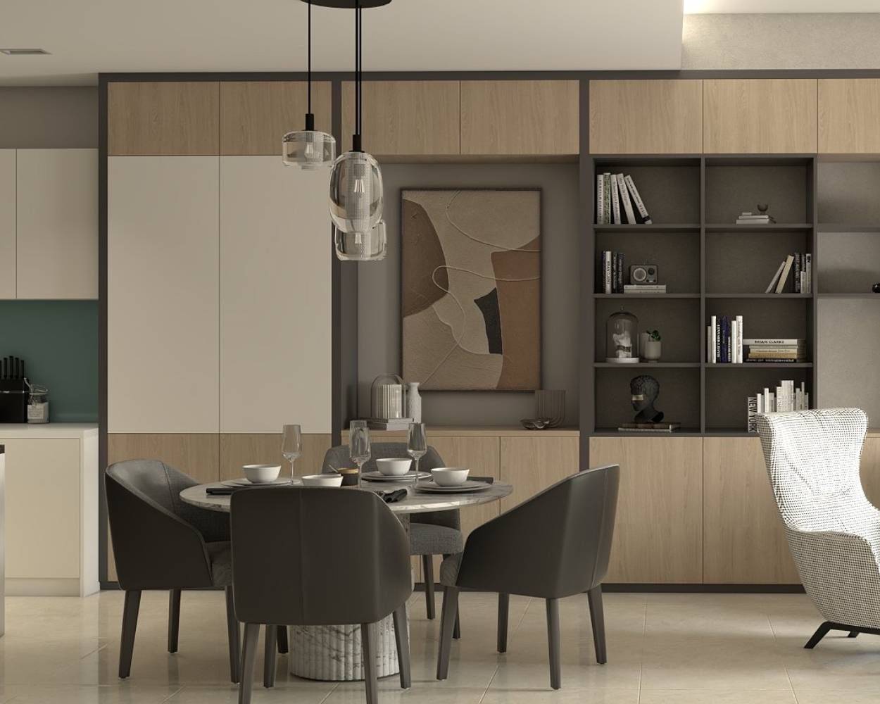 Contemporary 4-Seater Marble And Dark Grey Dining Room Design With Spacious Storage Unit