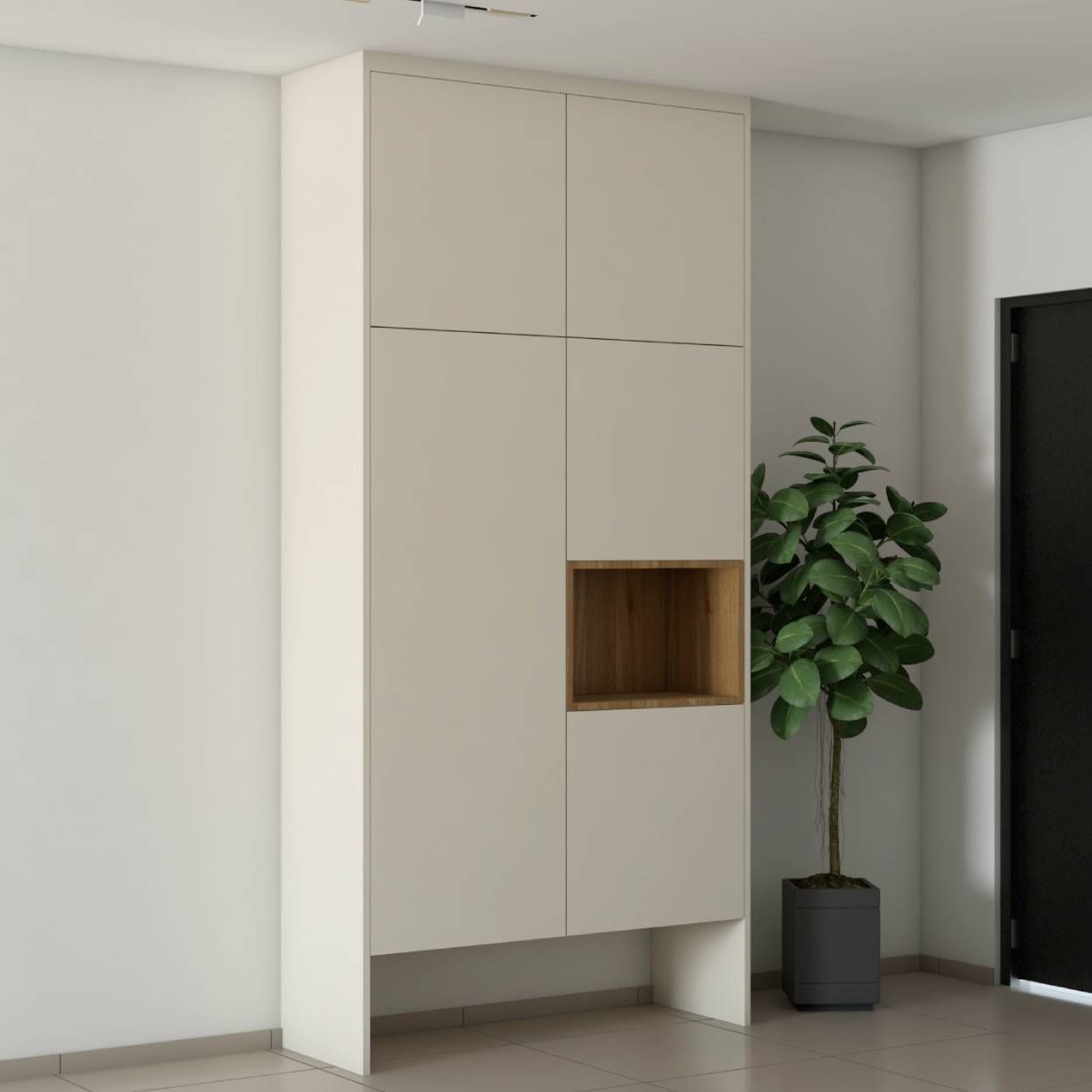 Minimal Foyer Design With A Floor-To-Ceiling Storage Unit
