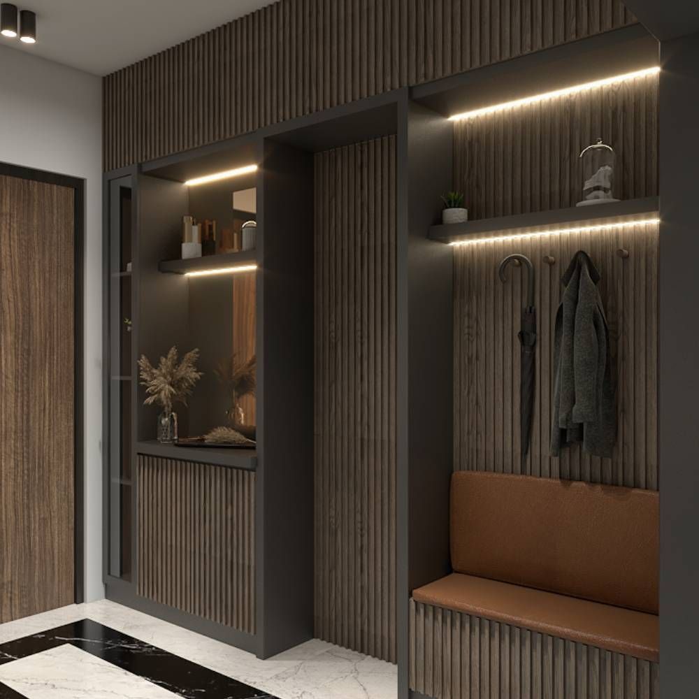 Contemporary Dark Wood Foyer Design With Panels And Open Storage