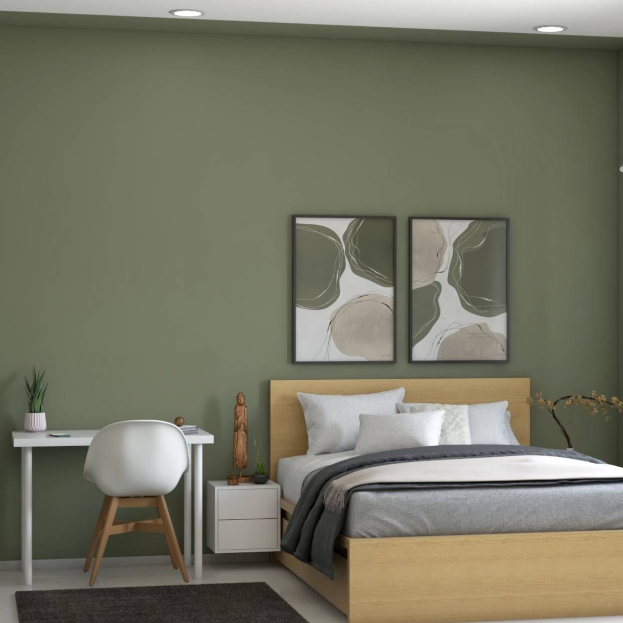 Contemporary White And Green Home Office Design Integrated With A Bedroom