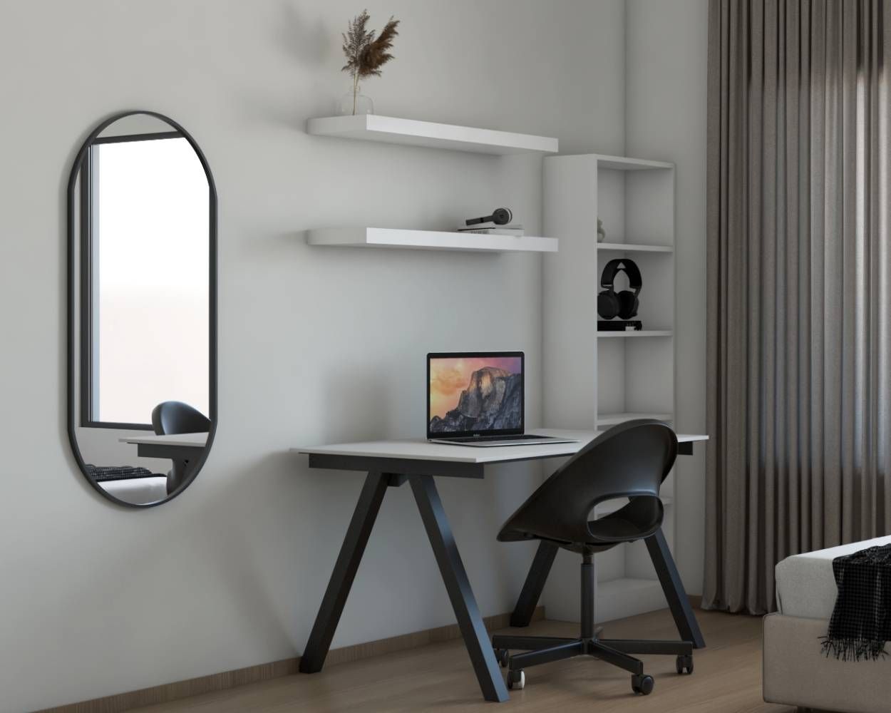 Minimal Black And White Home Office Design With Black-Framed Oval Mirror