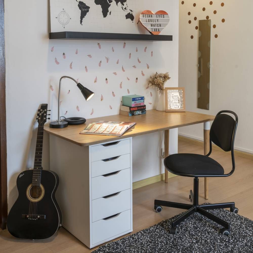 Scandinavian Home Office Design With White And Wood Study Table