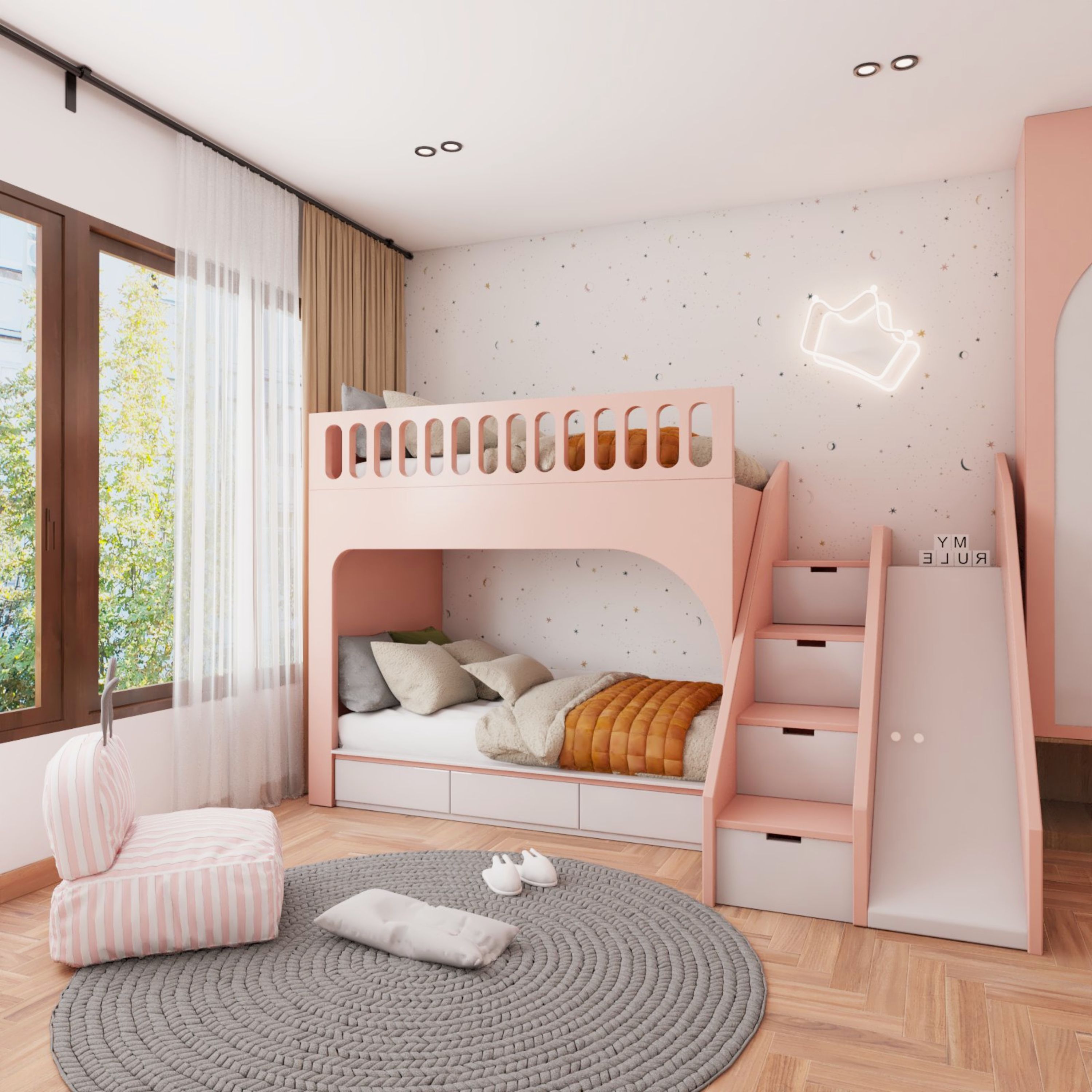 Minimal Pink And White Kids Bedroom Design With Bunk Bed And Slide
