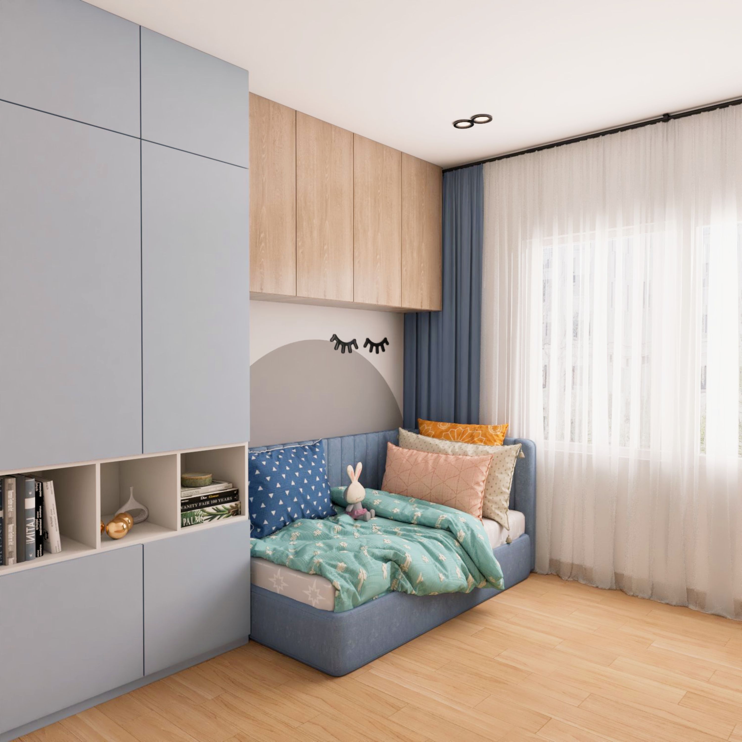 Modern Kids Bedroom Design with Blue Bed-Cum-Sofa And Overhead Wooden Wall Units