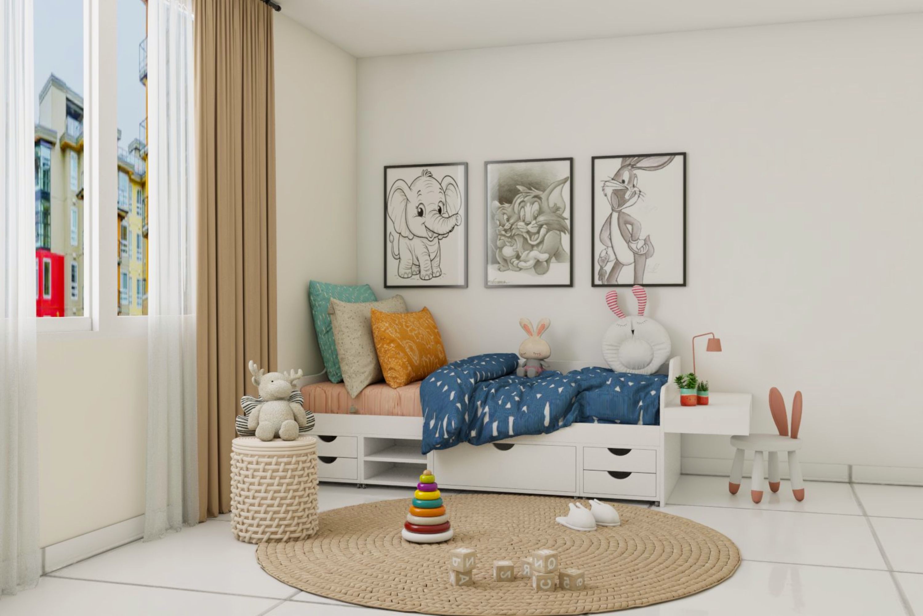 Scandinavian Kids Room Design With White Bed And Under-Bed Storage