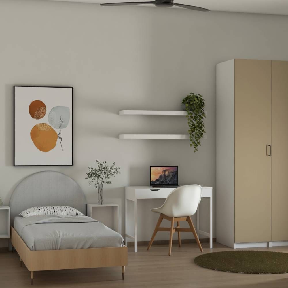 Scandinavian Grey And Wood Kids Room Design With 2-Door Swing Wardrobe