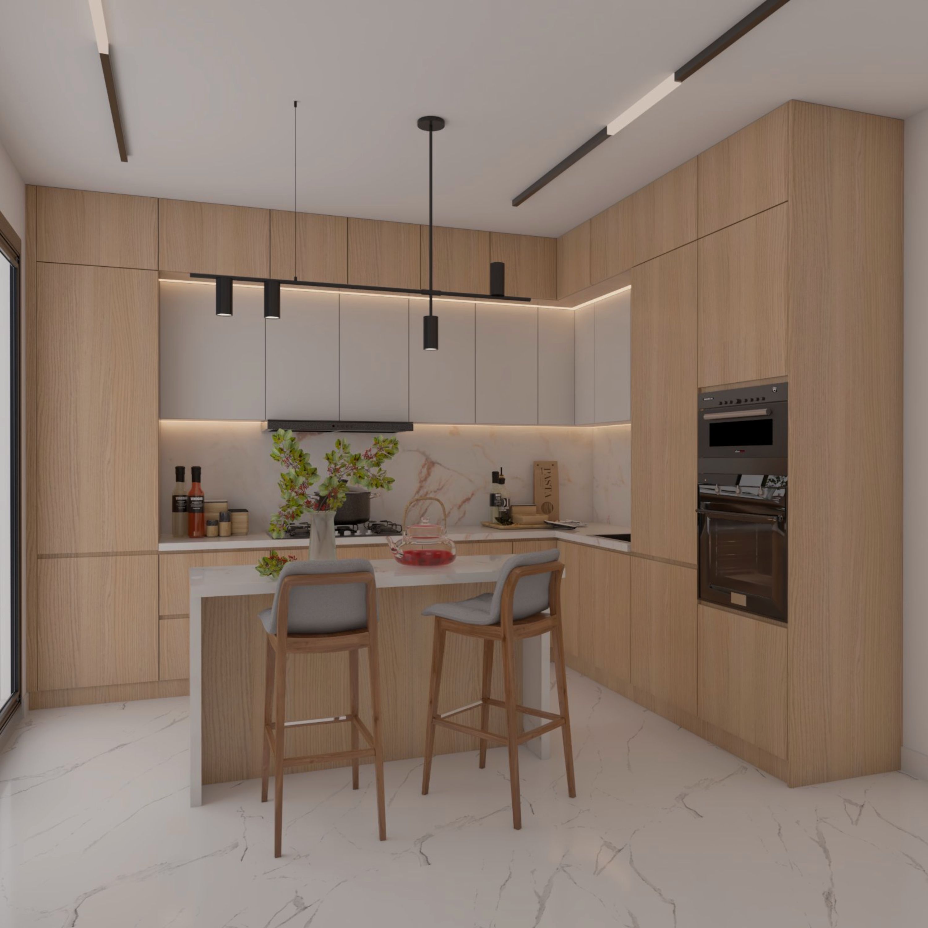 Classic Wood And White L Shaped Kitchen Design With Kitchen Island