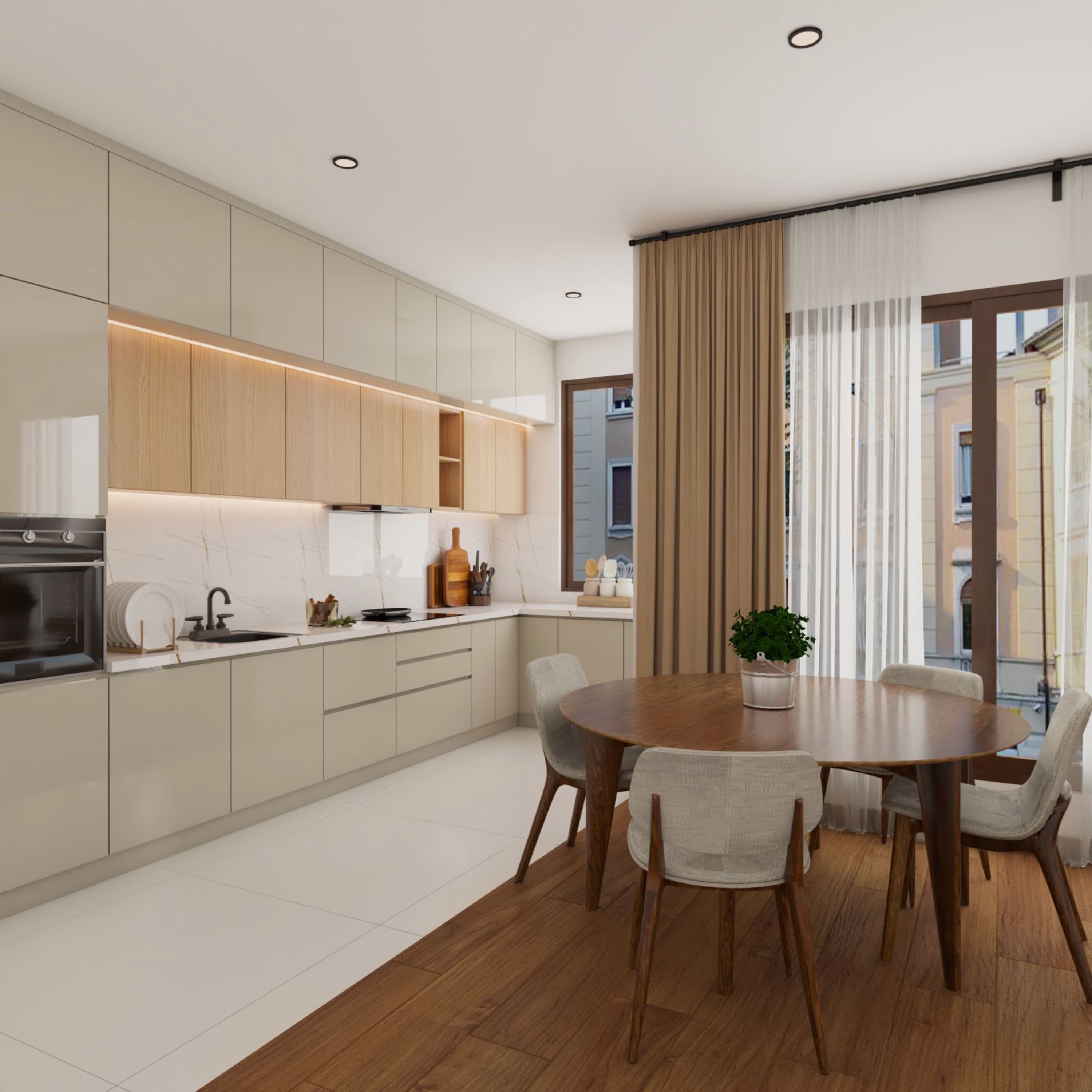 Modern Beige And Wood L-Shaped Kitchen Design With Integrated Dining Table