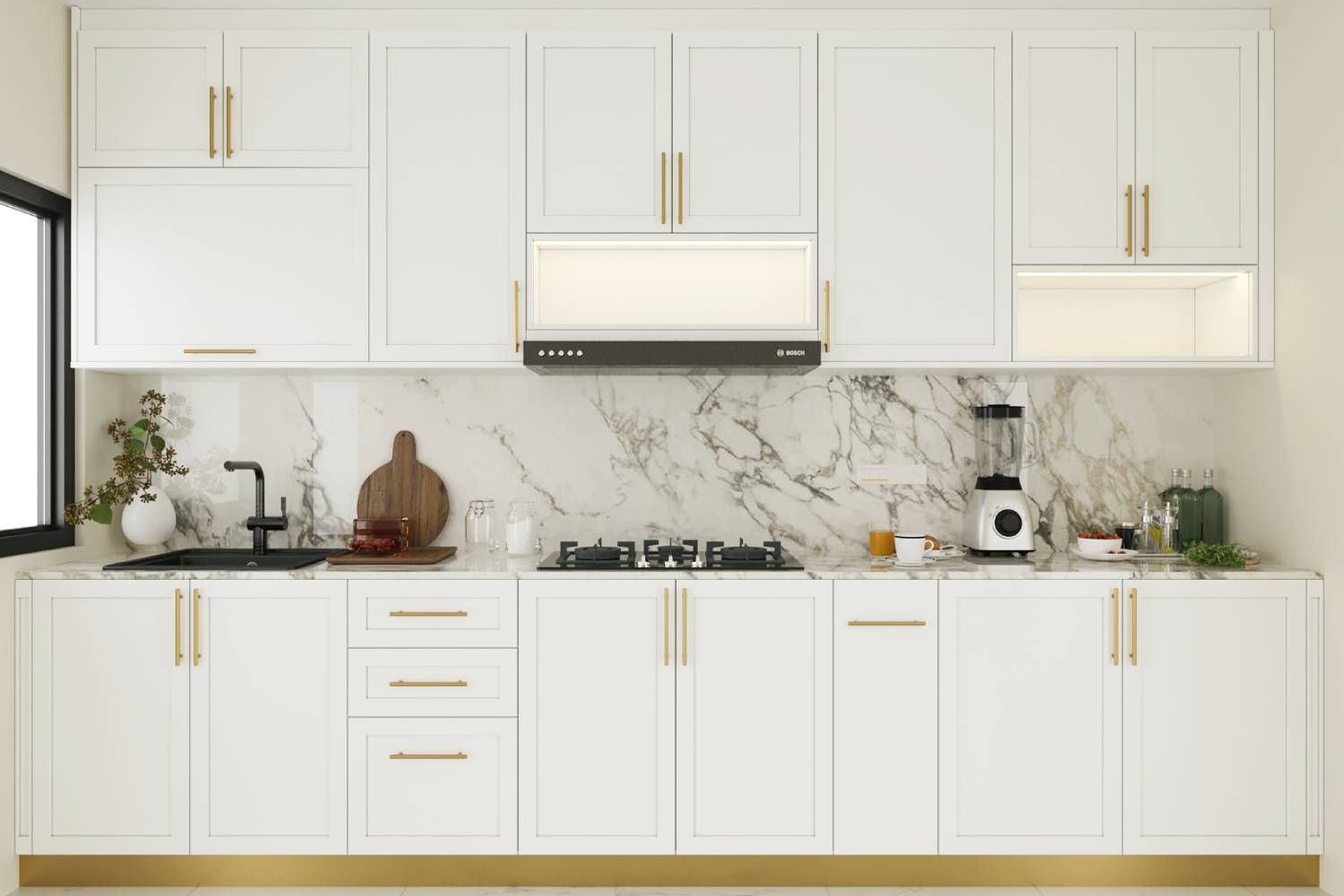 Classic White And Gold Straight Kitchen Design With Marble Kitchen Backsplash