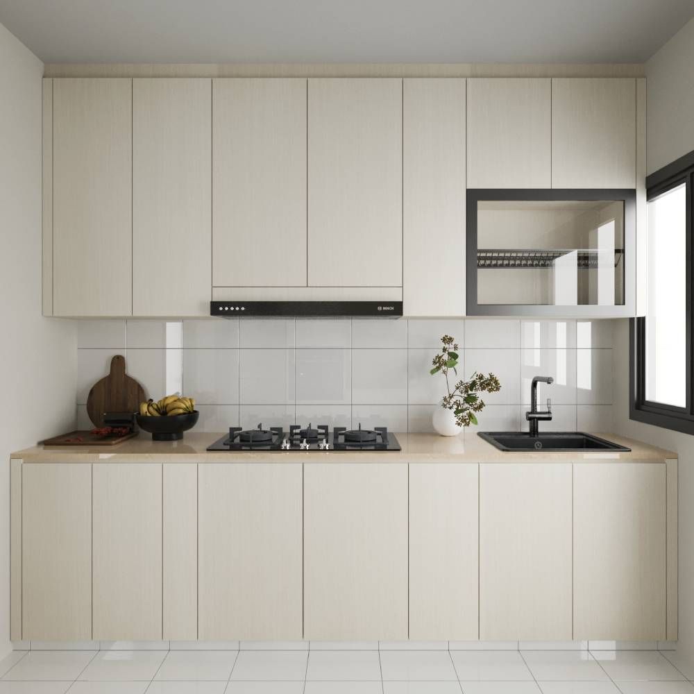 Modern Parallel Kitchen Design With Light Wood Cabinets And White Ceramic Kitchen Backsplash