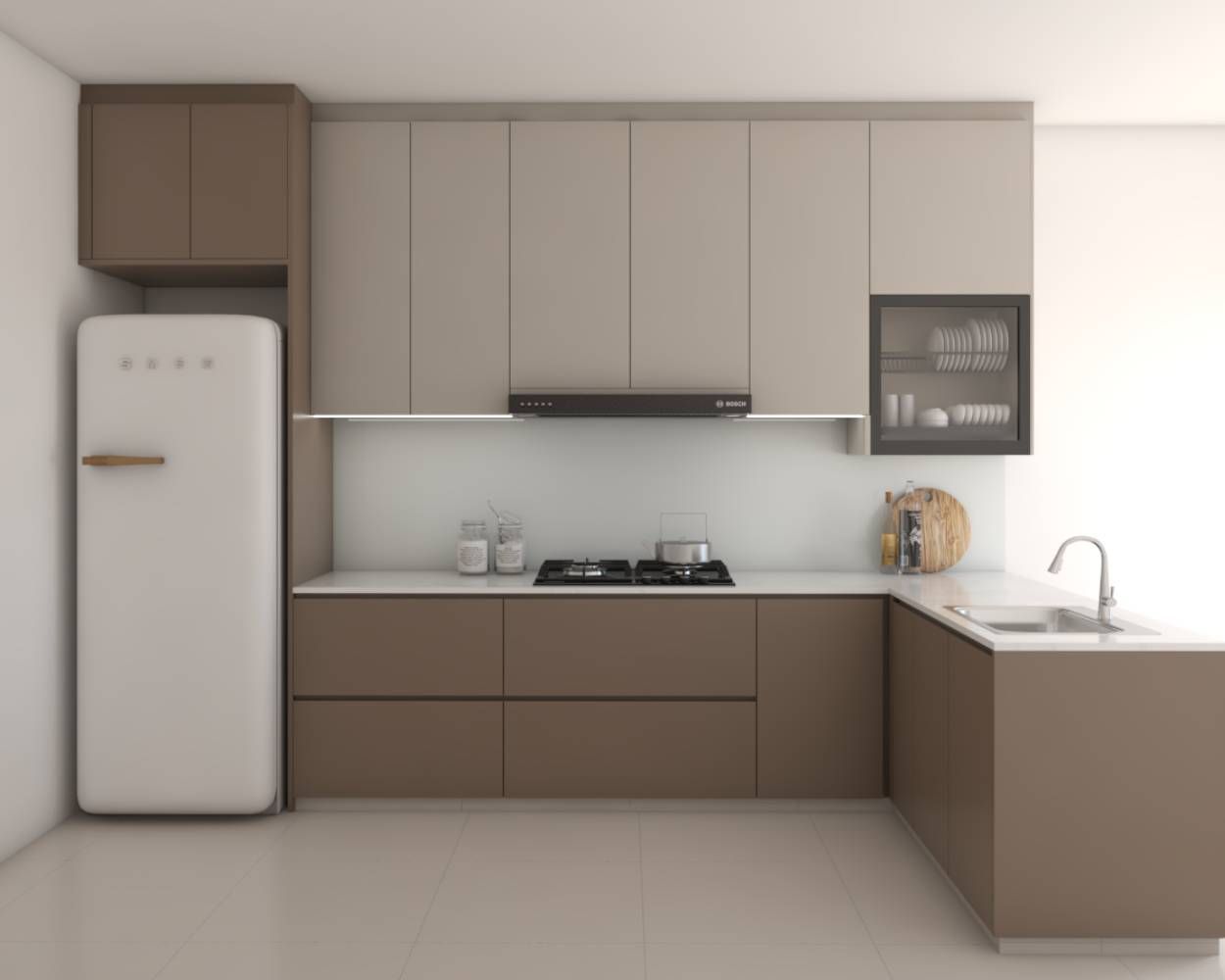 Contemporary Light Brown And Dark Brown L-Shaped Kitchen Design With White Backsplash