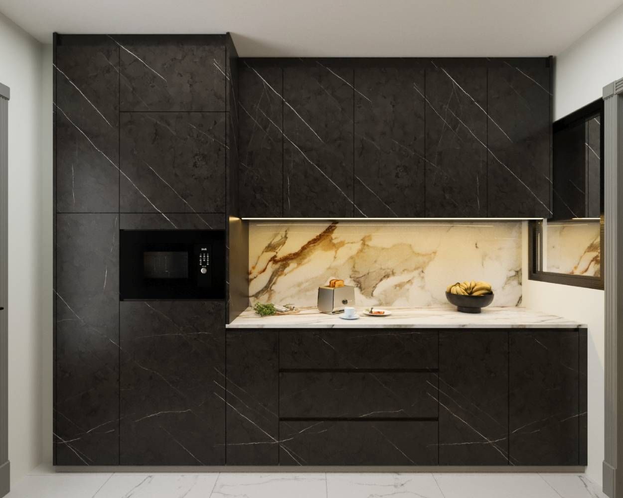Contemporary Black Parallel Kitchen Design With White Marble Kitchen Backsplash