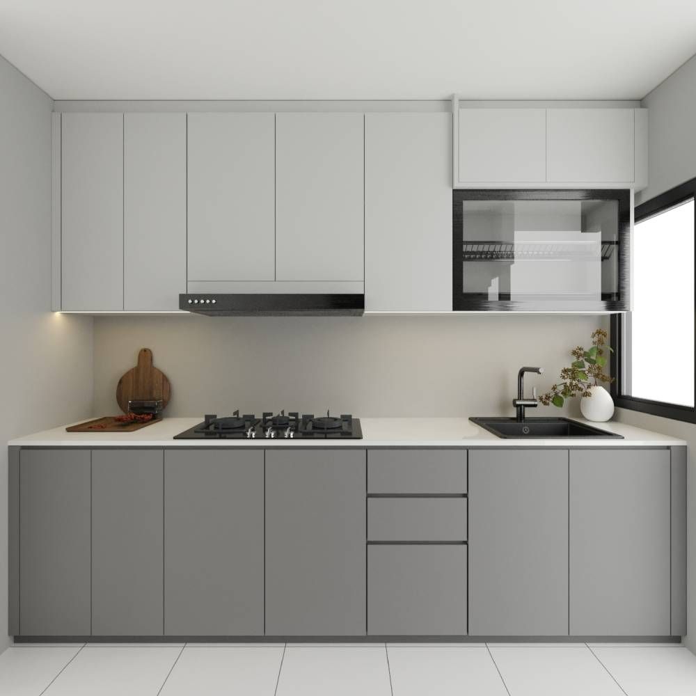 Contemporary Grey Parallel Kitchen Design With White Kitchen Backsplash