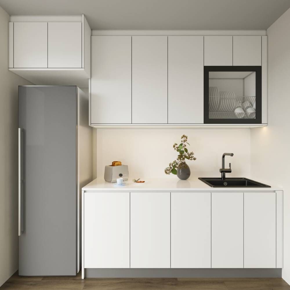 Modern All-White Straight Kitchen Design With Modular Wall And Base Units