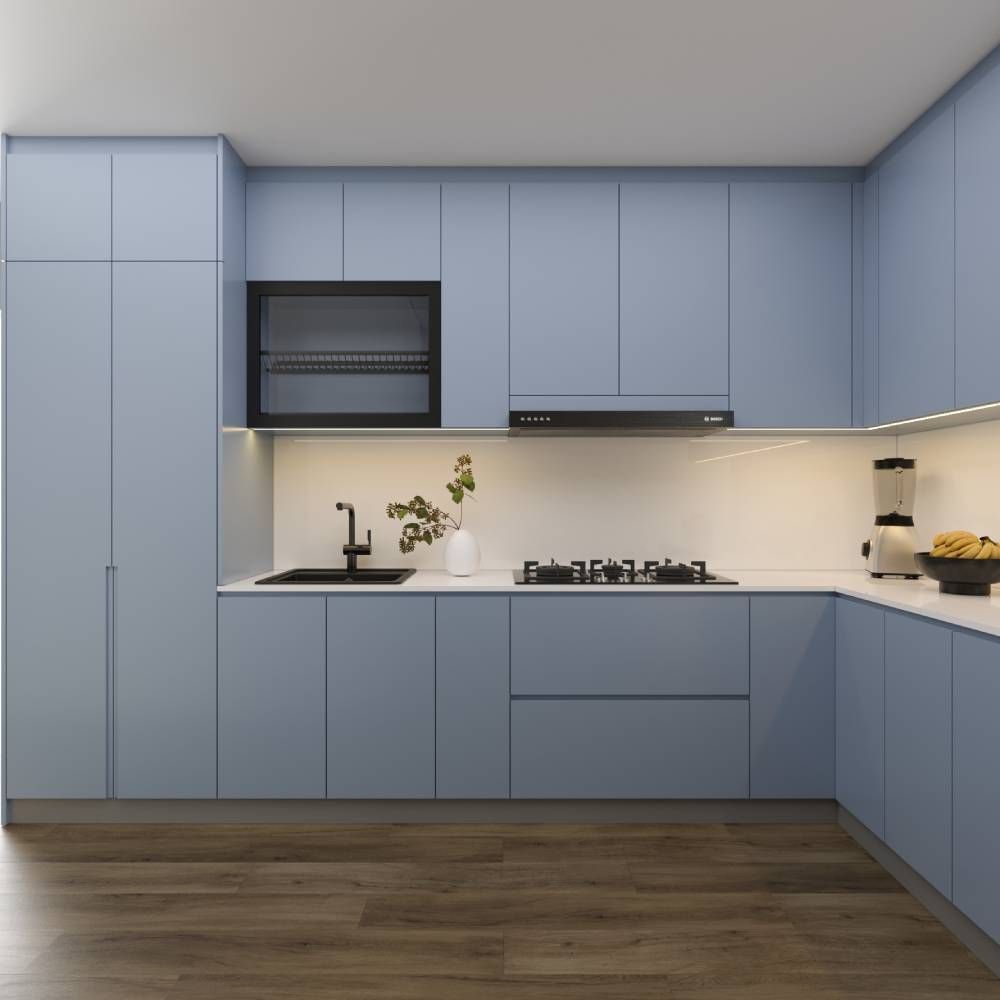 Modern Blue L-Shaped Kitchen Design With White Kitchen Backsplash