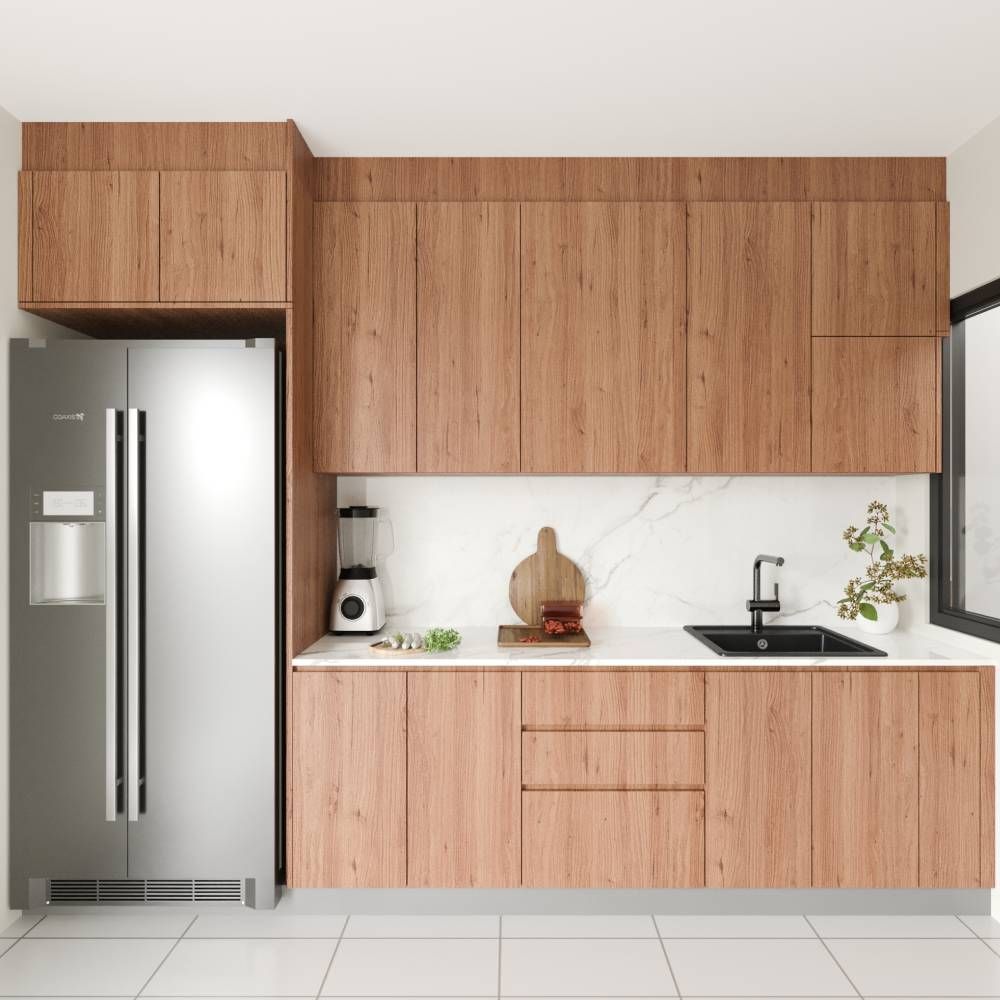 Modern Wooden Straight Kitchen Design With White Countertop