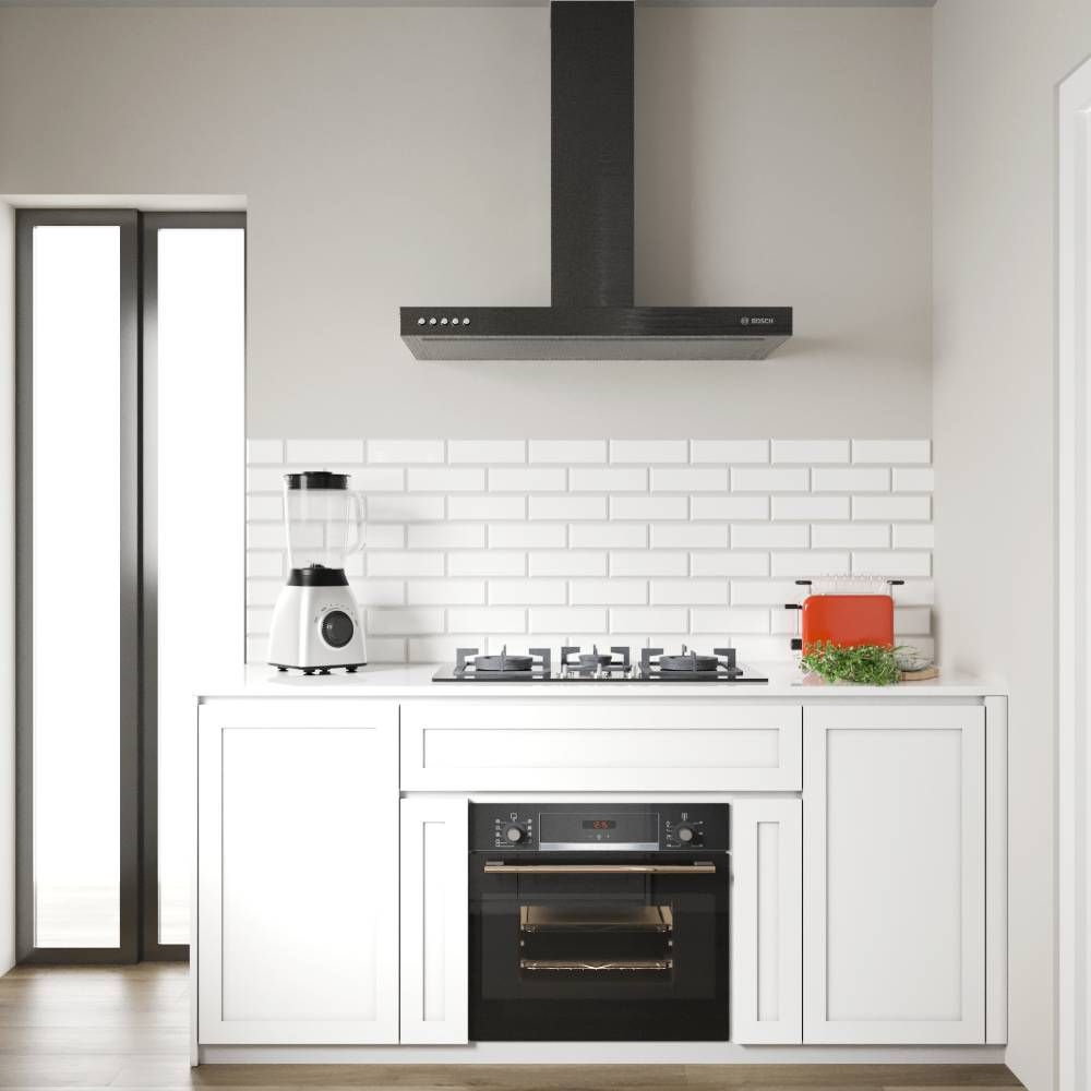 Contemporary White Parallel Kitchen Design With White Brick Kitchen Backsplash