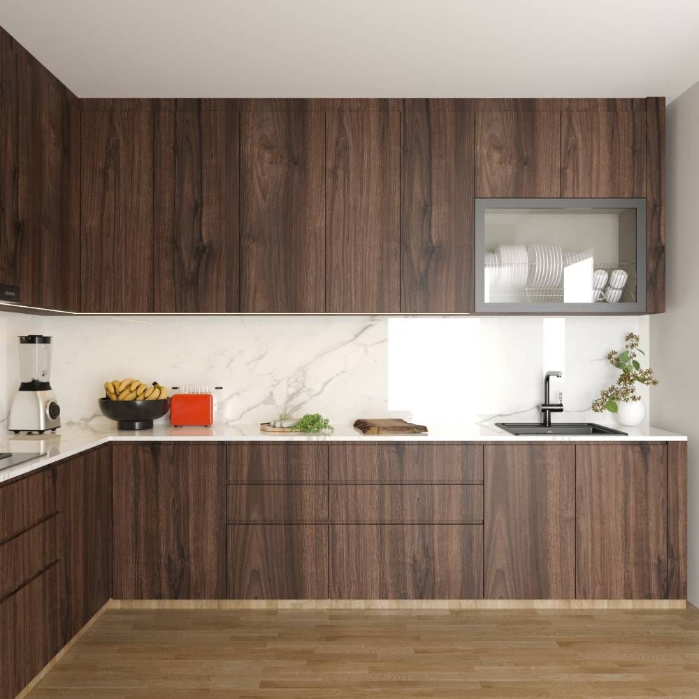 Classic Dark Wood L-Shaped Kitchen Design With Marble Kitchen Backsplash