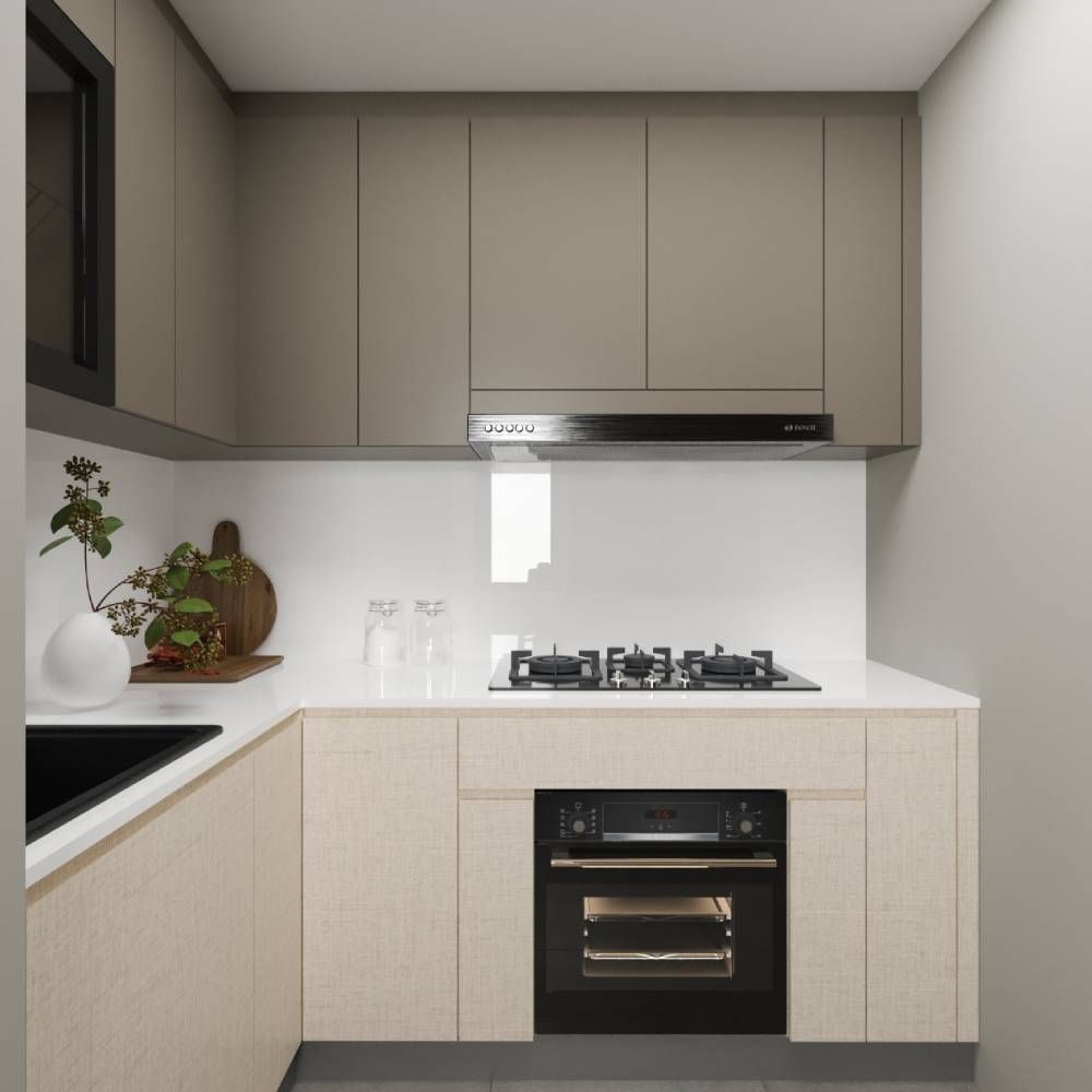Grey And Light Wood Contemporary L-Shaped Kitchen Design