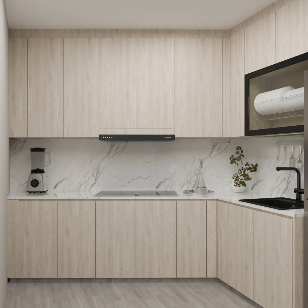 Contemporary L-Shaped Light Wood Kitchen Design With Marble Backsplash