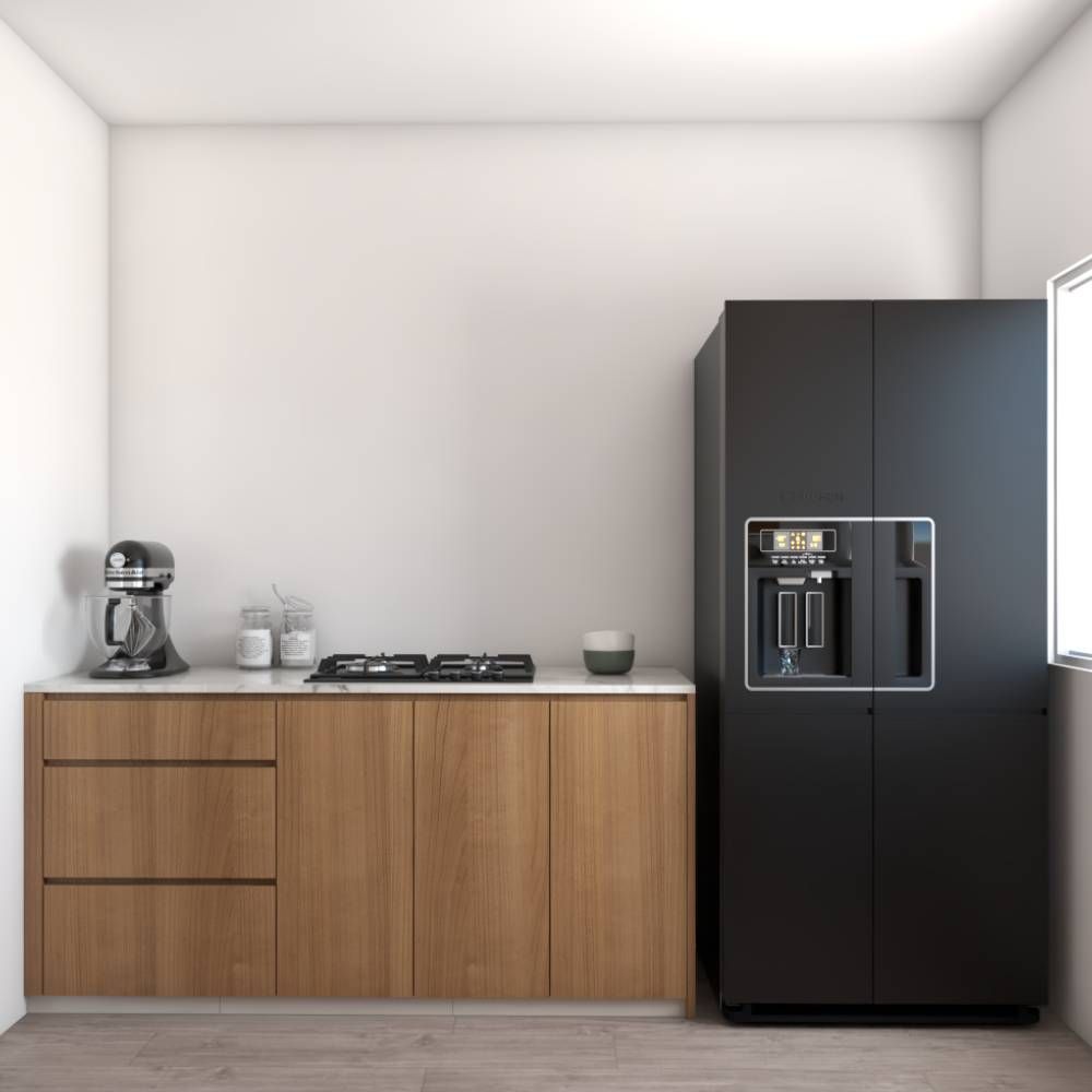 Contemporary Wooden Parallel Kitchen Design With Black Refrigerator
