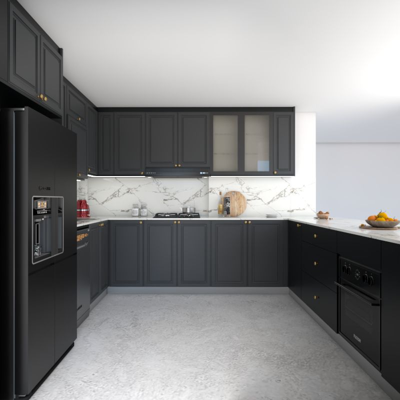 Classic Black U-Shaped Kitchen Design With White Marble Backsplash