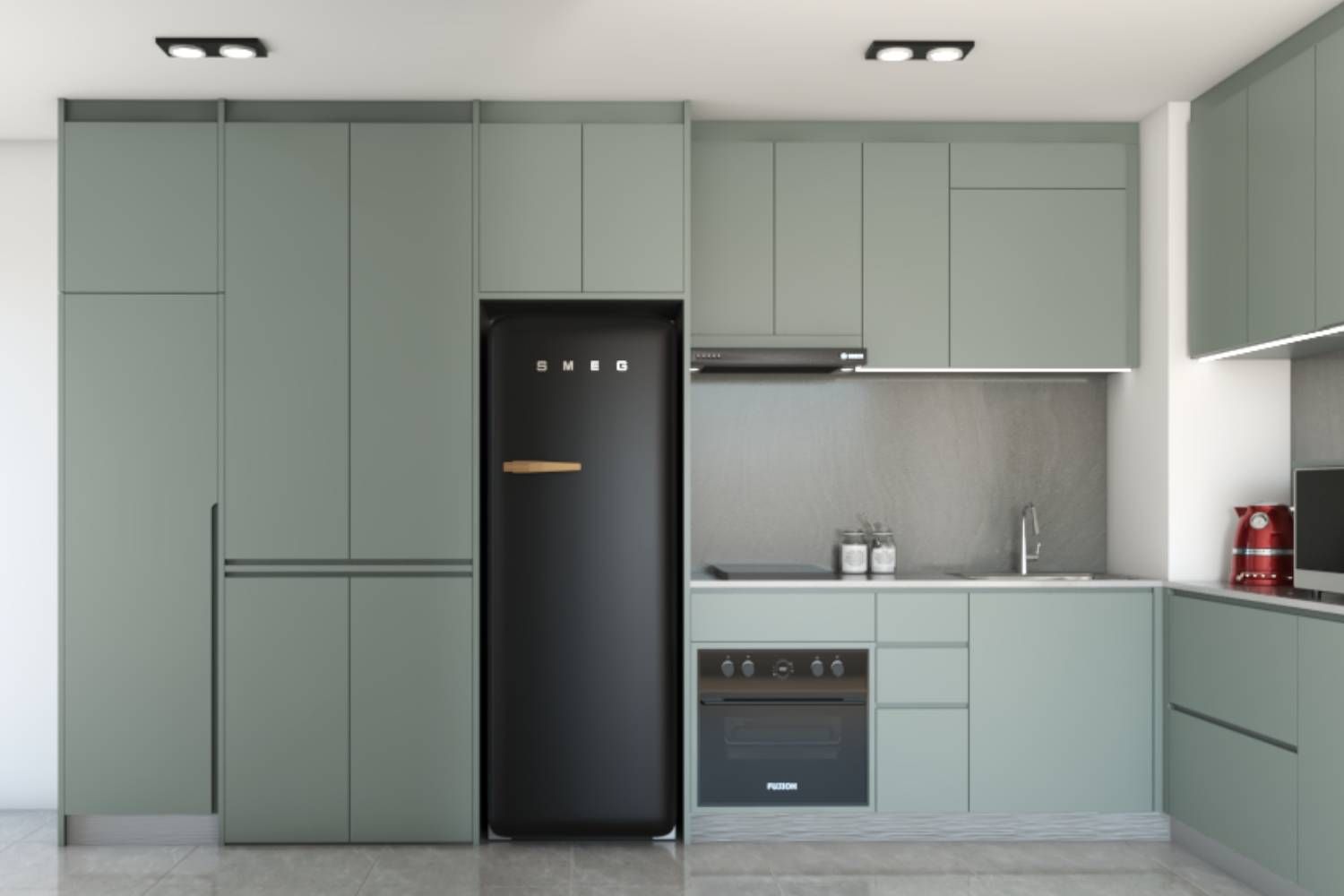 Contemporary L-Shaped Kitchen Design With Green Suede Cabinets