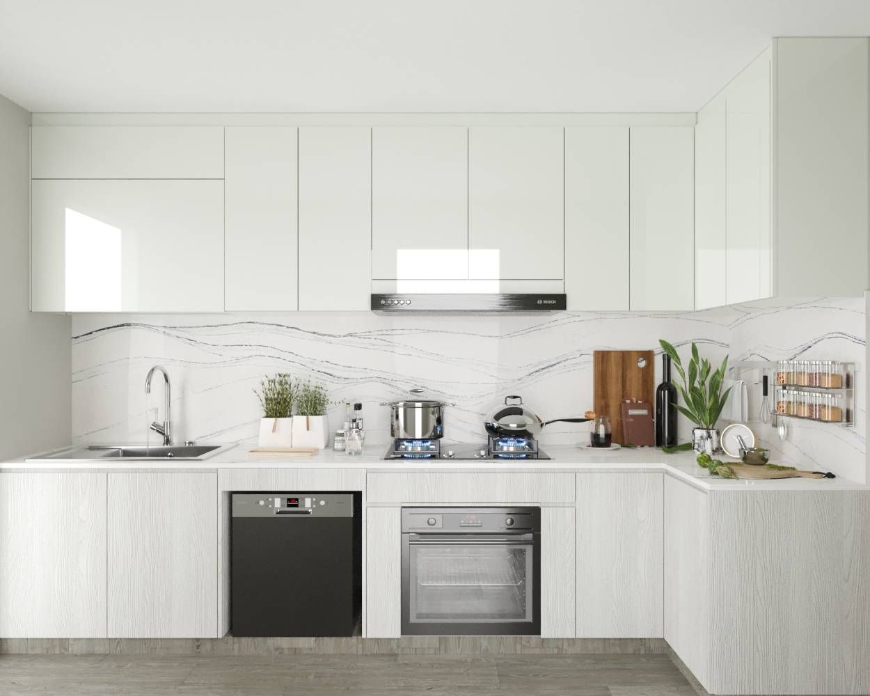 Minimal L-Shaped White And Light Wood Kitchen Design