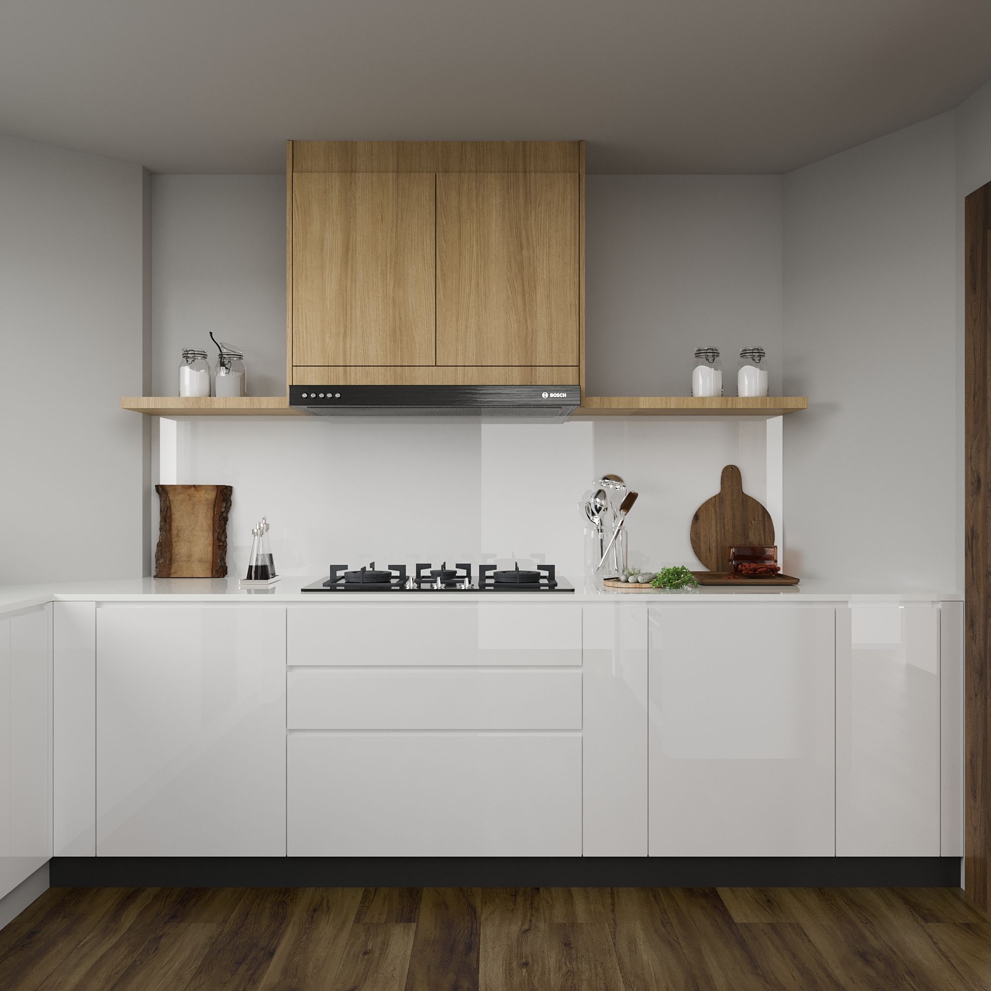 Minimal All-White L-Shaped Kitchen Design With Glossy Cabinets