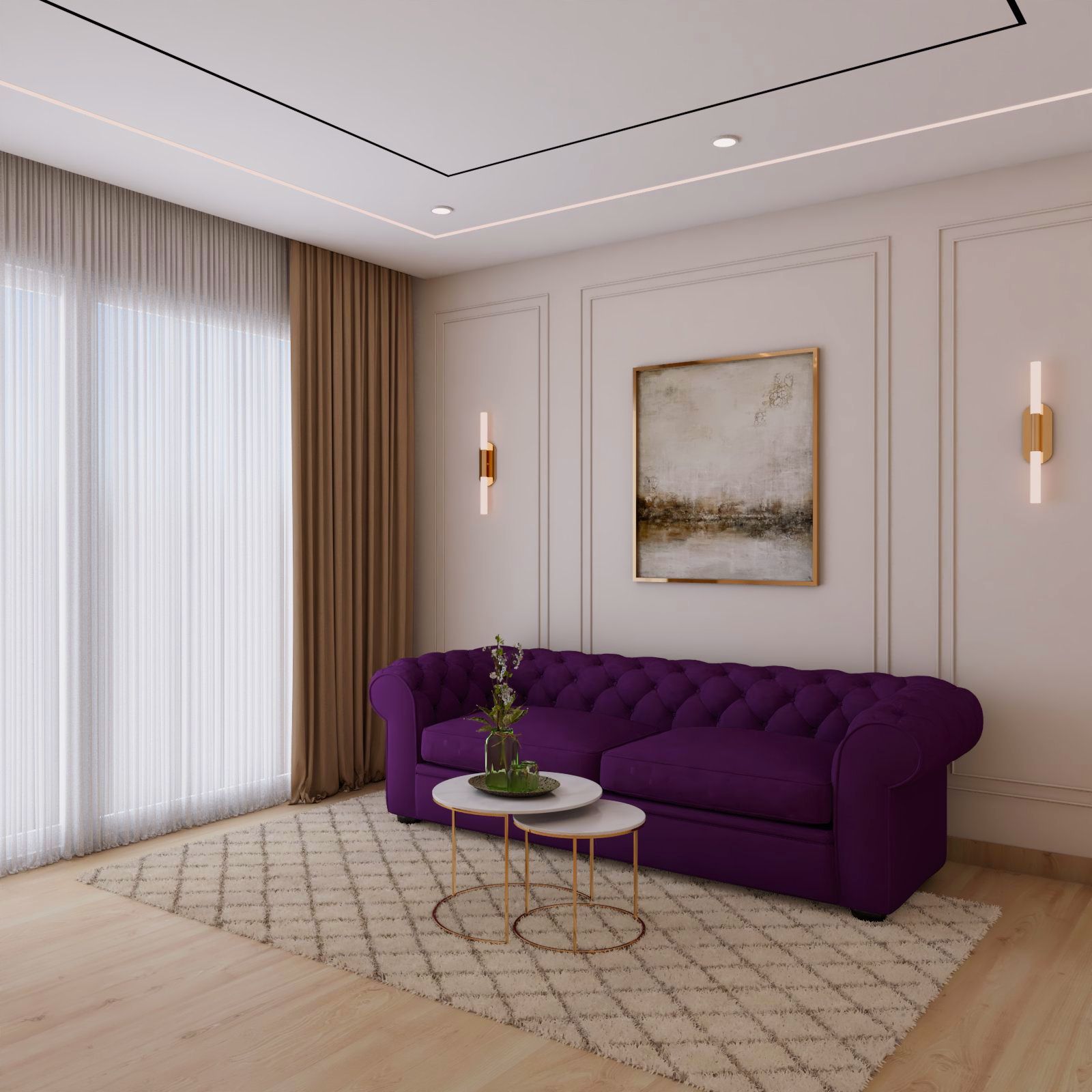 Scandinavian Living Room Design With Two-Seater Dark Purple Sofa
