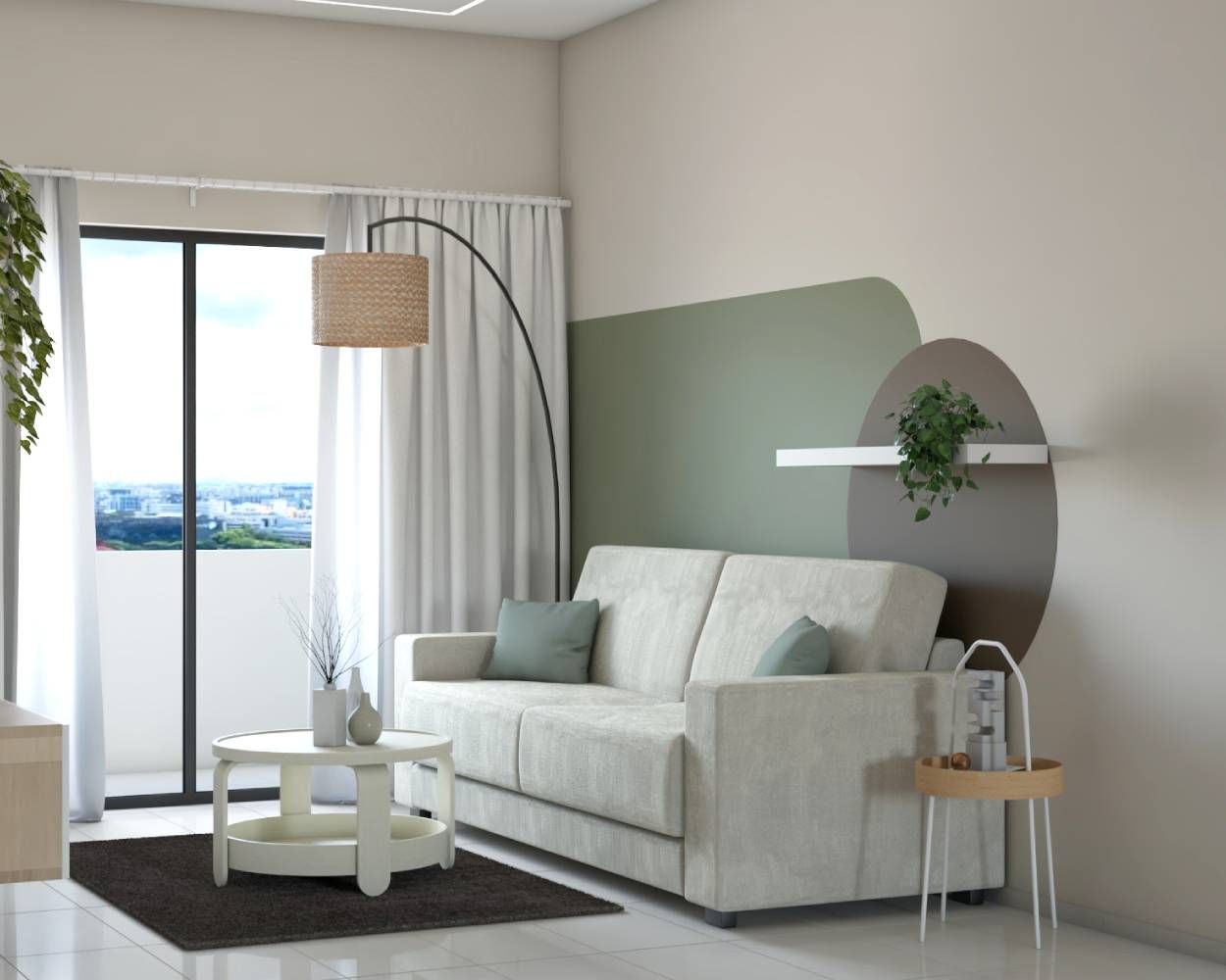 Modern Living Room Design With Off-White 2-Seater Sofa And Circular Coffee Table