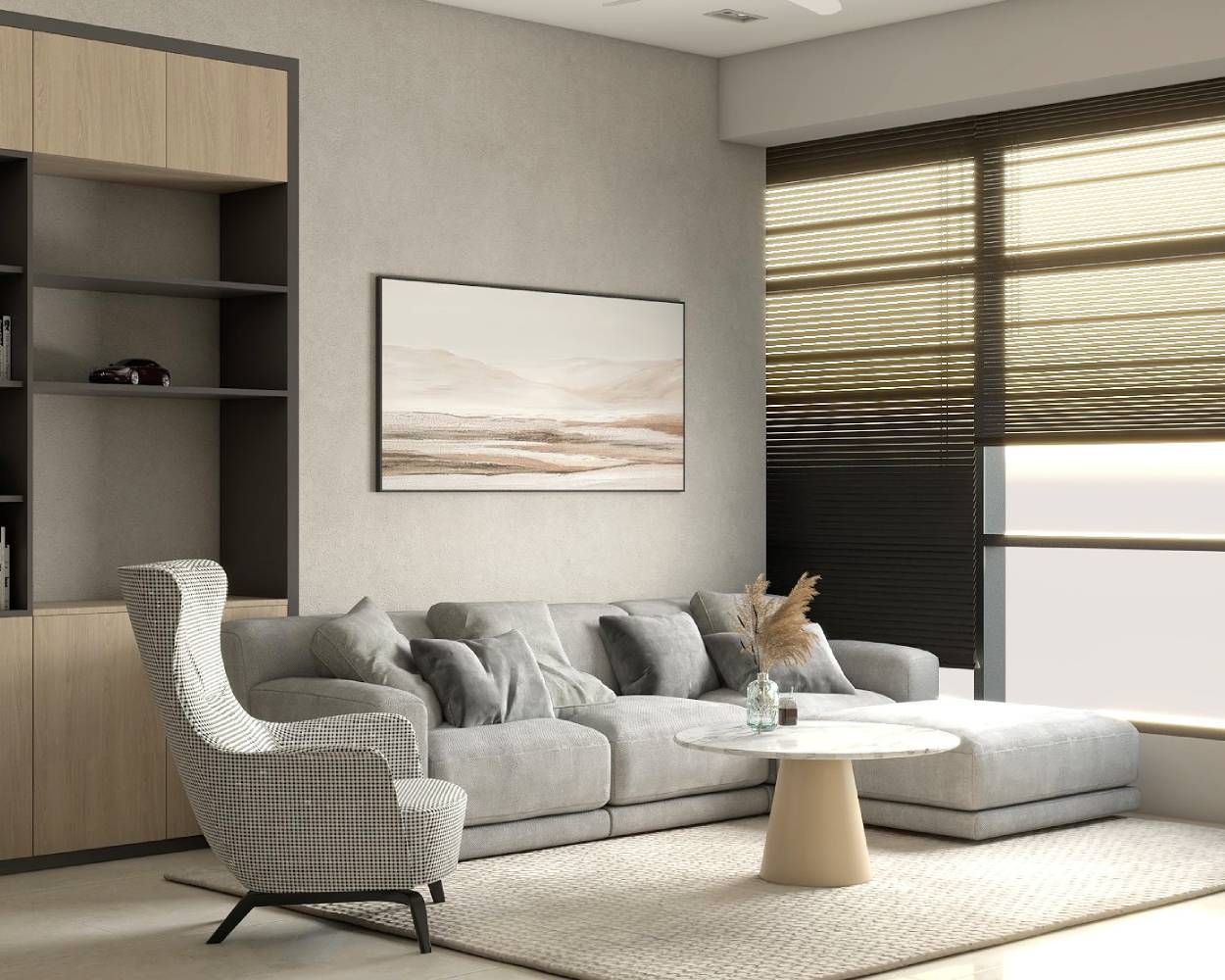Modern Living Room Design With Grey Sectional Sofa And Open Storage Unit
