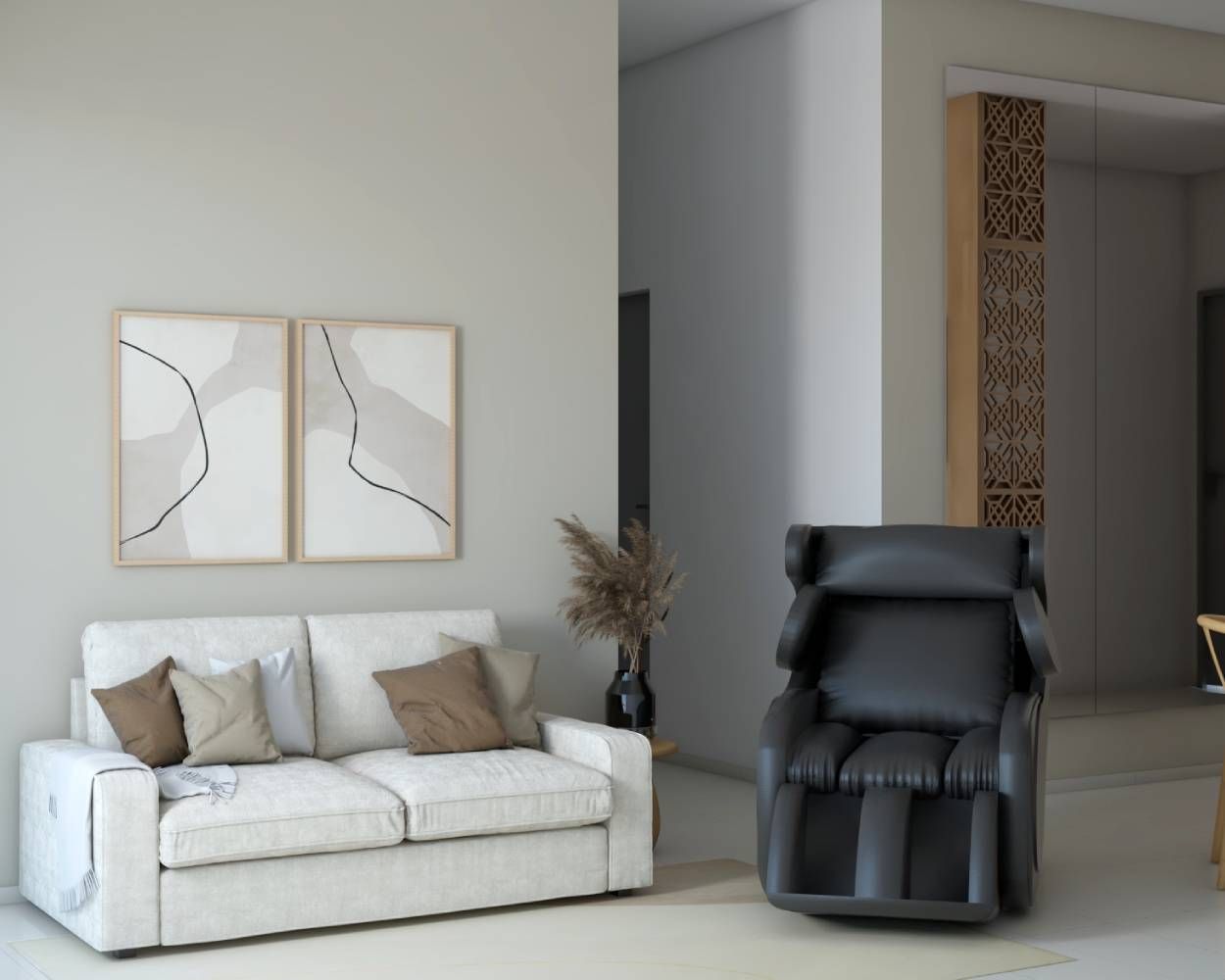 Modern Living Room Design With White 2-Seater Sofa And Black Recliner Chair