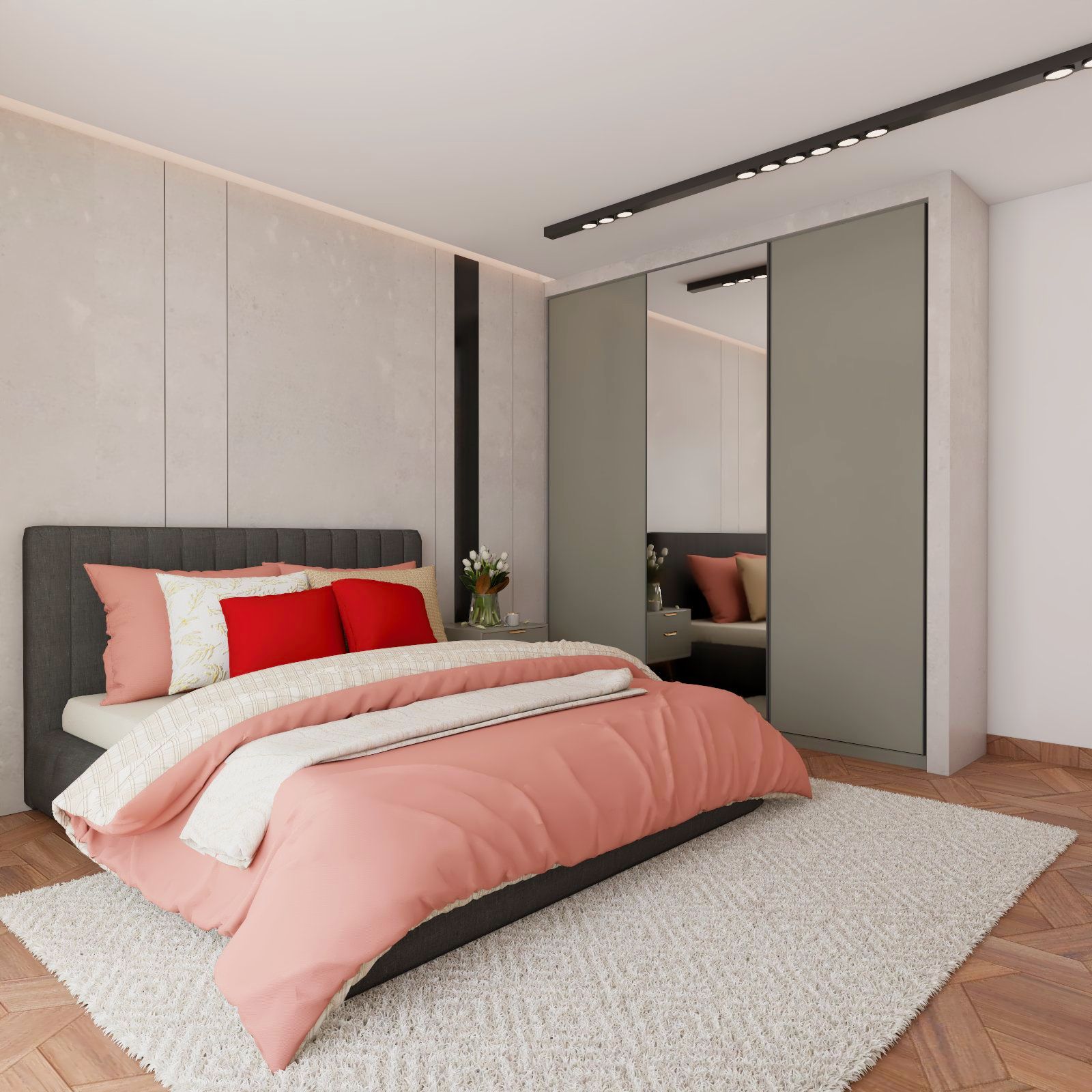 Contemporary Master Bedroom Design With Grey Bed And Three-Door Sliding Wardrobe With Mirror