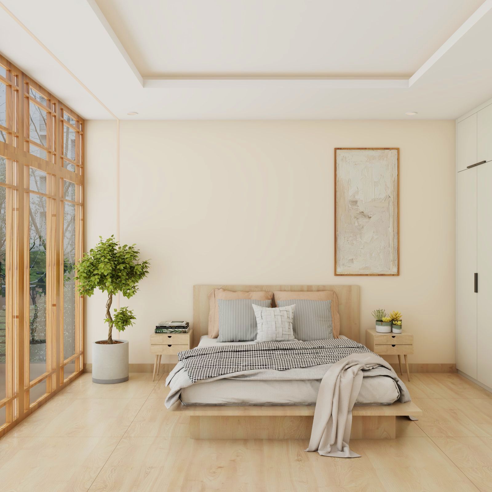 Scandinavian Master Bedroom Design With Wooden Bed And Two-Door White Swing Wardrobe